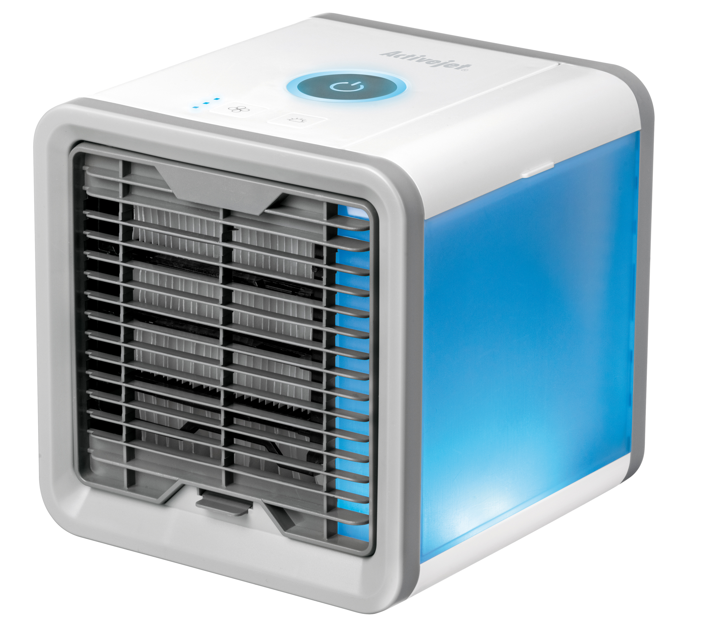Un refrigeratore d'aria personale bianco e grigio con illuminazione LED blu.