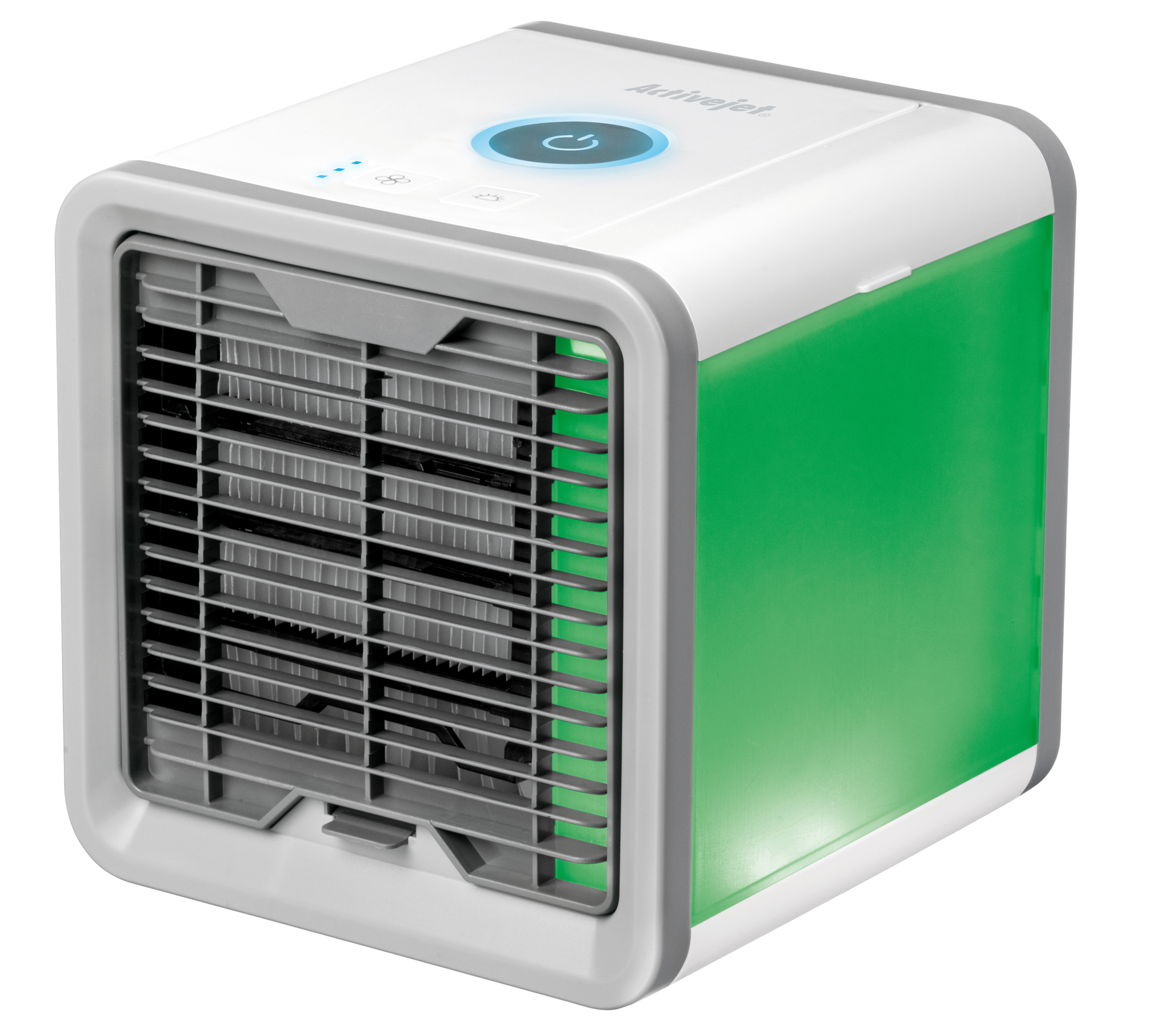 Un mini climatizzatore bianco e verde con prese d'aria e pulsanti.
