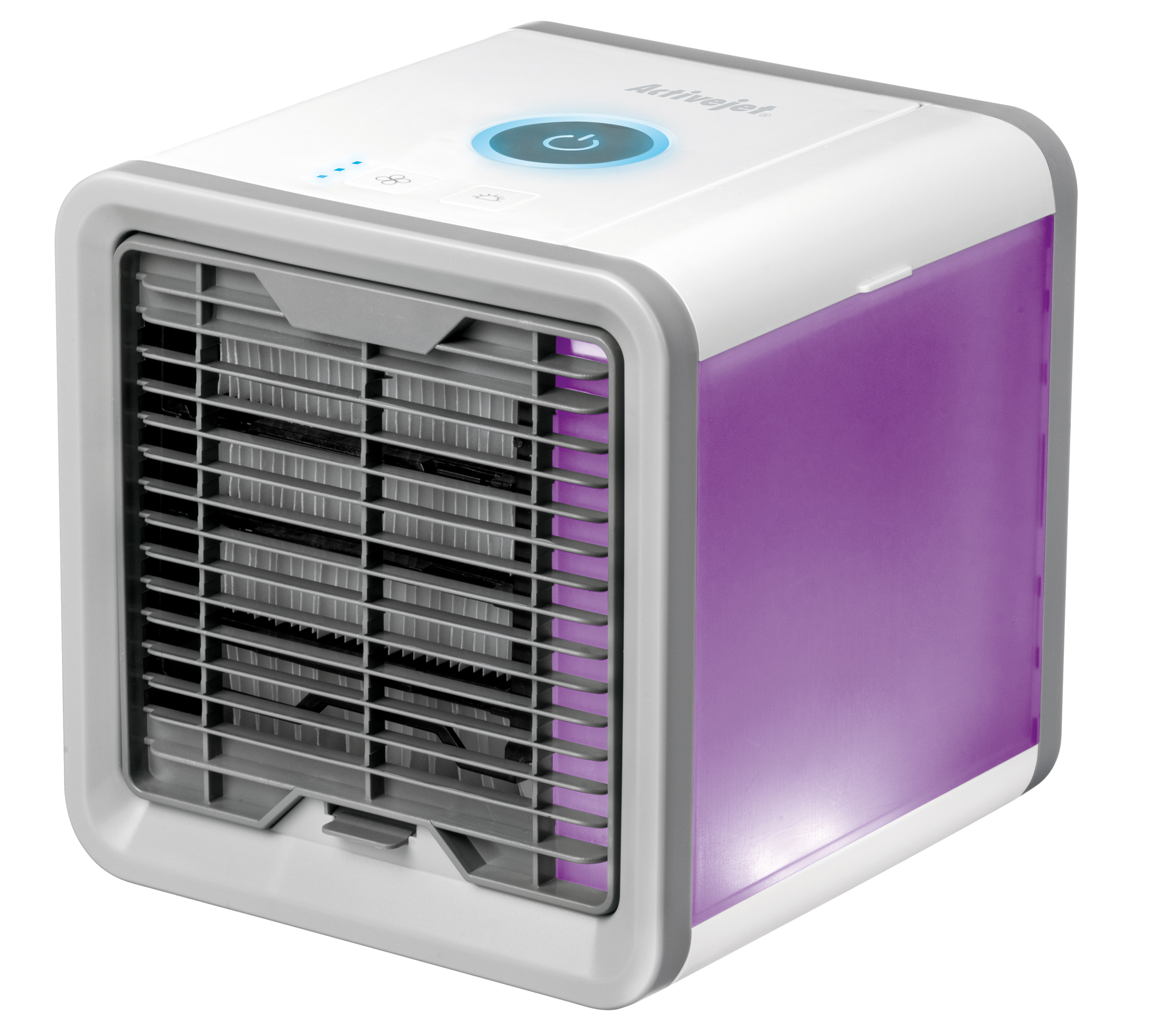 Un refrigeratore d'aria portatile bianco e grigio con illuminazione viola.