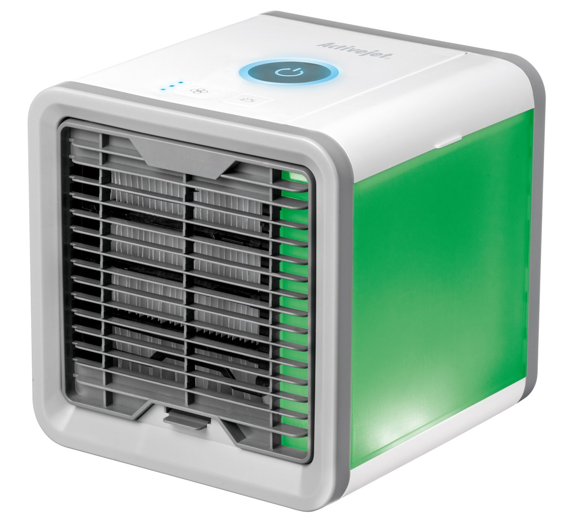 Un piccolo refrigeratore d'aria portatile bianco e grigio con lato verde.