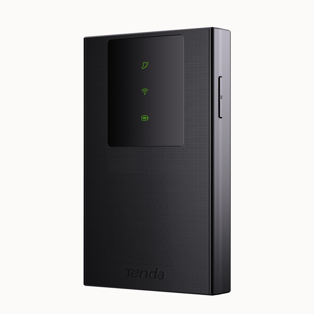 Czarny router Tenda z ikonami sygnału, Wi-Fi i baterii na ekranie.