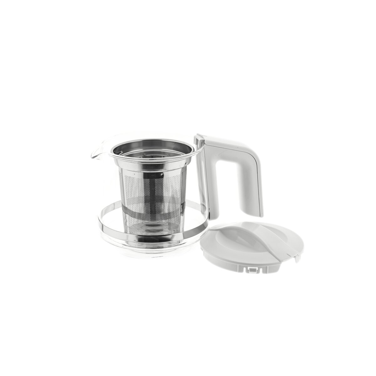 Ein Teefilter aus Metall mit Griff und weißer Deckel auf weißem Hintergrund.