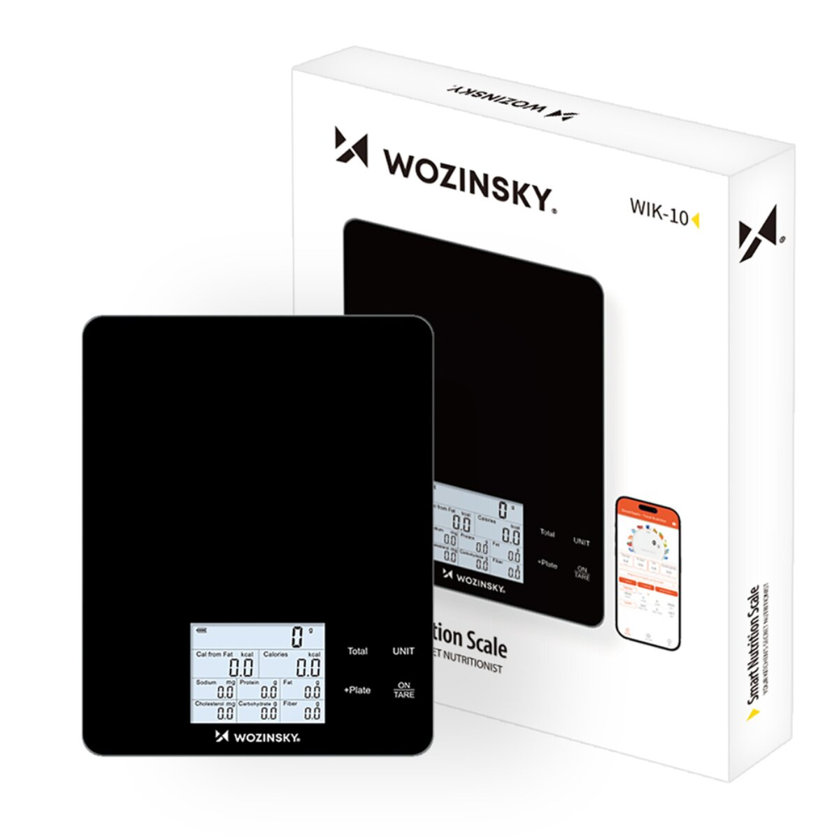 Eine schwarze digitale Küchenwaage mit einem Bildschirm, der Nährwertangaben anzeigt, neben ihrer Verpackung.