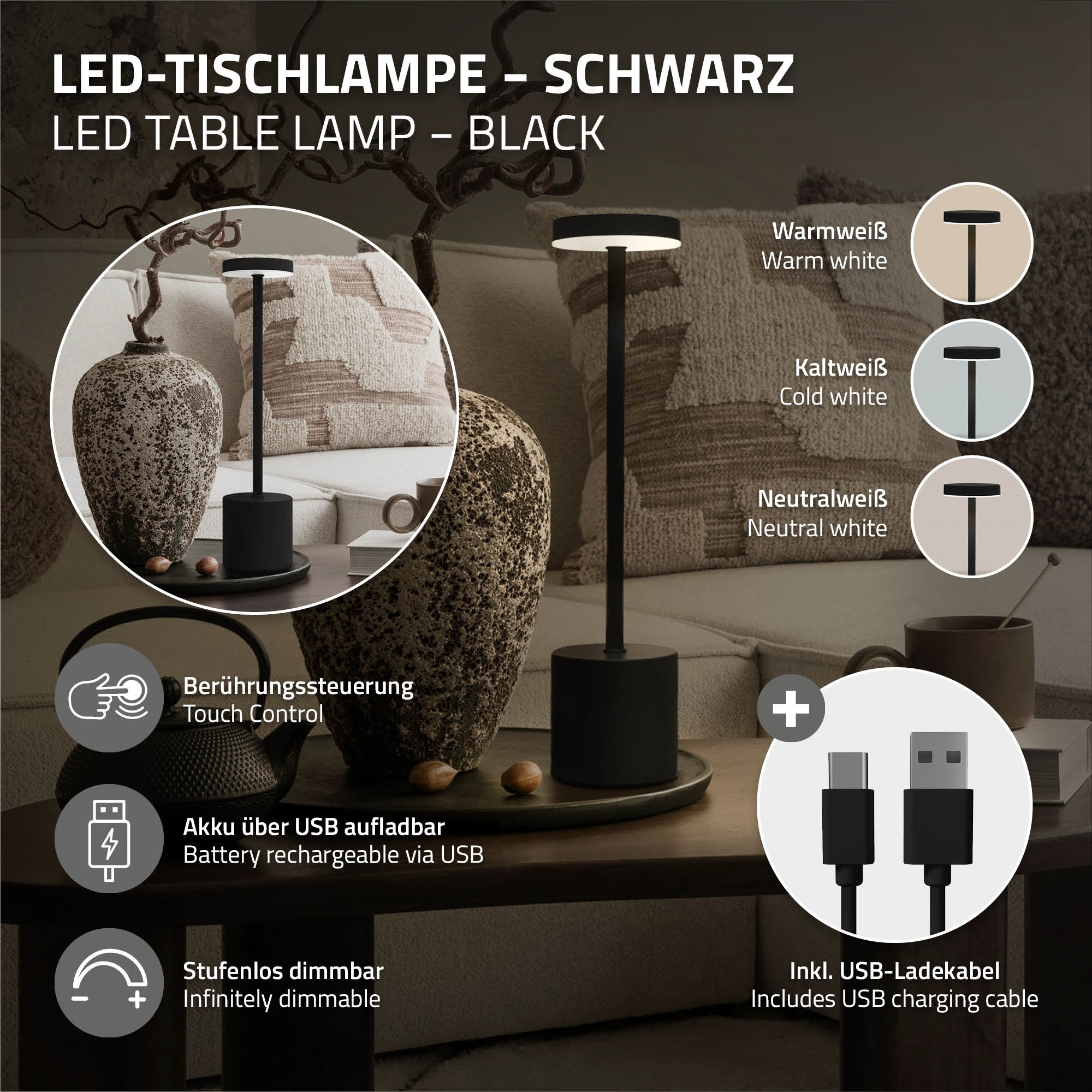 Schwarze LED-Tischlampe mit Touch-Bedienung, USB-Aufladung, dimmbar.