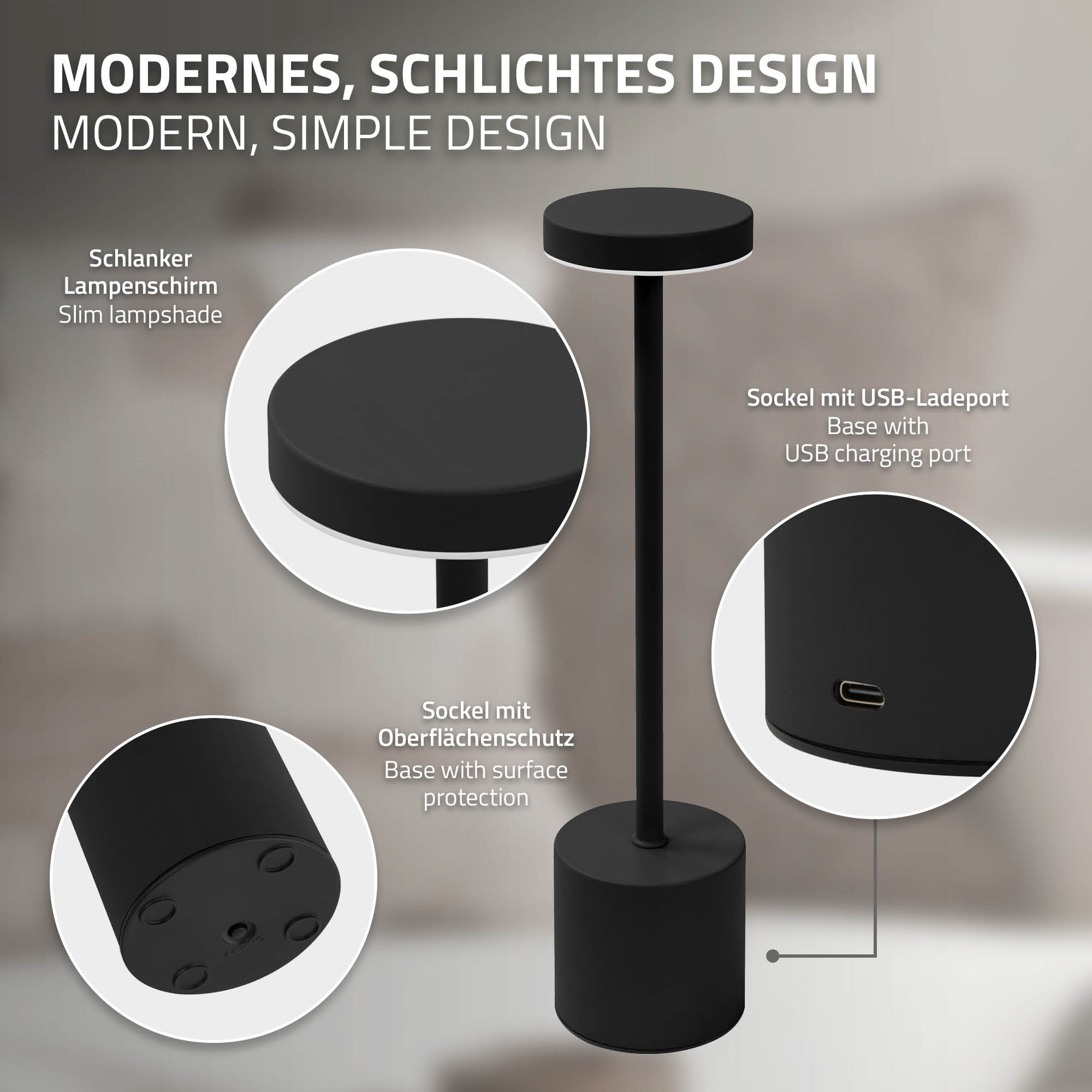 Eine schwarze Tischlampe mit schlankem Design. Sie hat einen runden Lampenschirm und eine runde Basis.