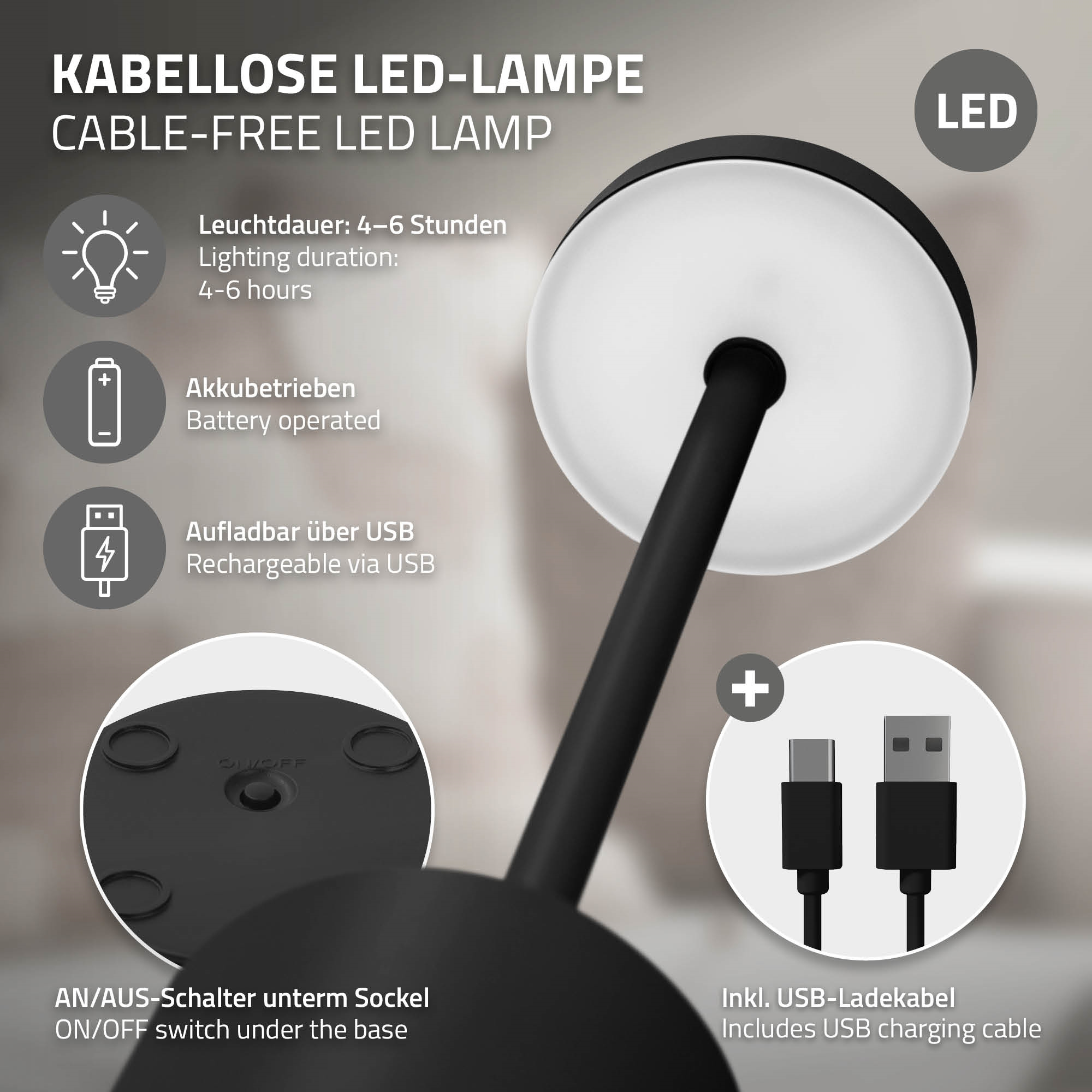Kabellose LED-Lampe mit USB-Kabel. Leuchtet 4-6 Std. Akku-betrieben.