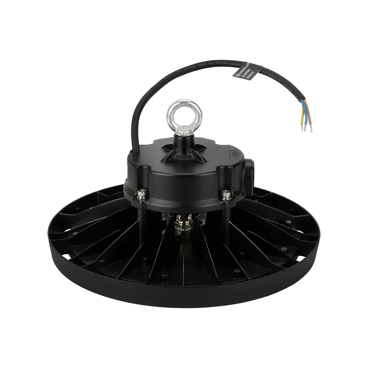 Eine schwarze industrielle Hallenleuchte mit silberner Ringschraube und freiliegenden Drähten.
