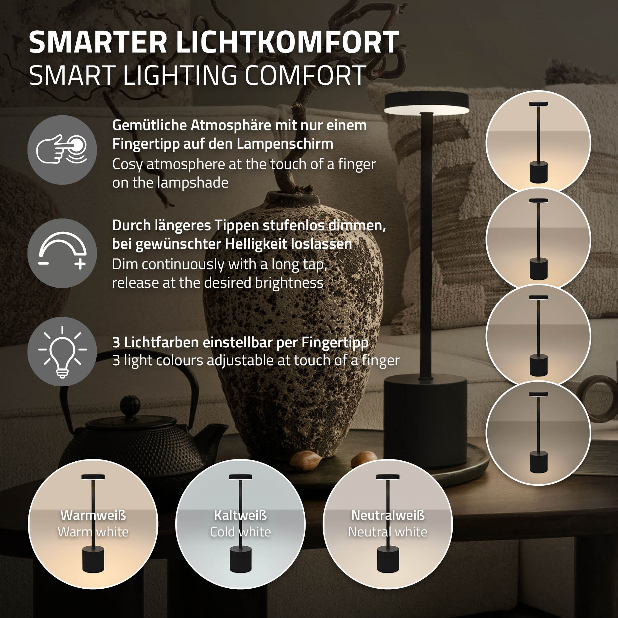 Ein moderner schwarzer Tisch mit drei Lampen, die verschiedene Weißtöne zeigen.