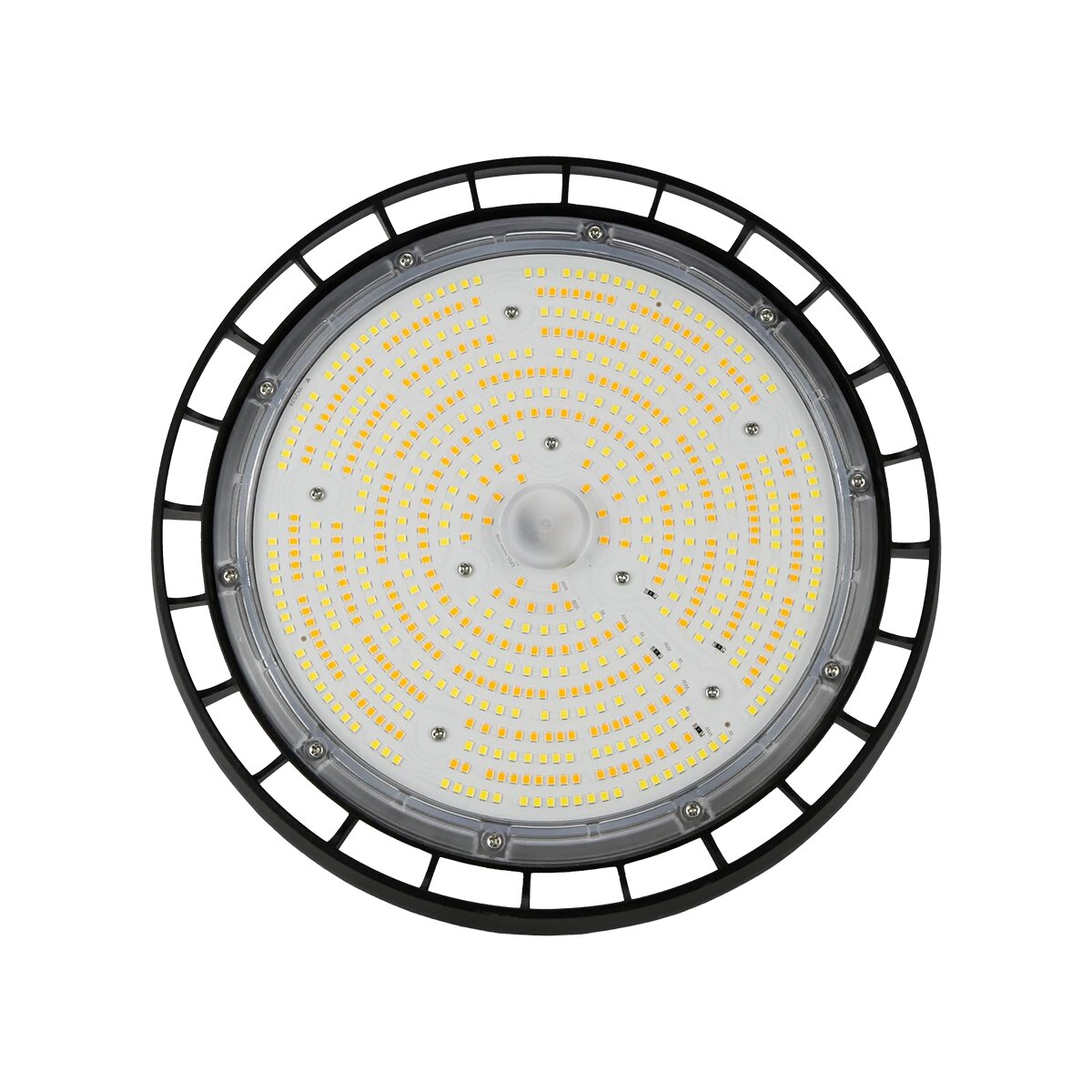 Runde LED-Lampe mit schwarzem Gitter und vielen kleinen Lichtern in konzentrischen Kreisen.