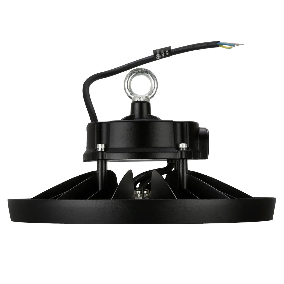 Ein schwarzer LED-Industriestrahler mit Aufhängeöse und Kabel.