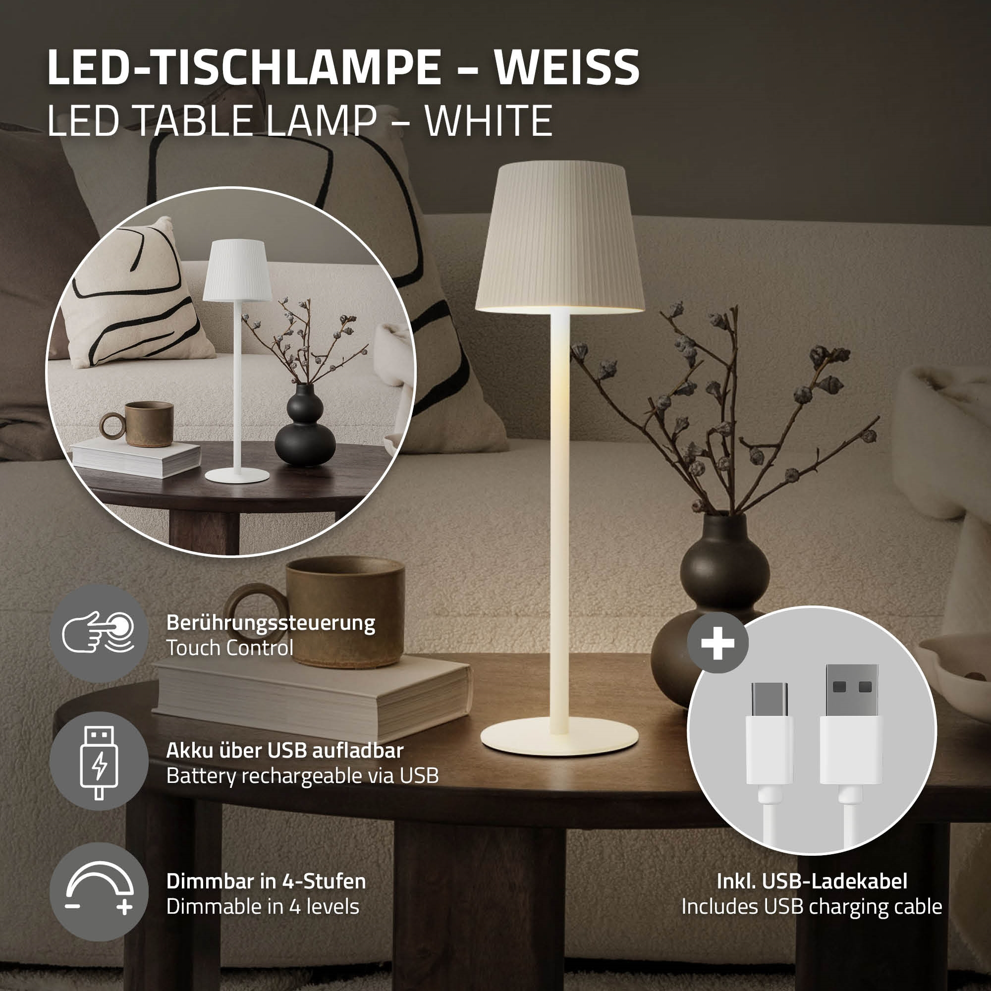 Weiße LED-Tischlampe mit Touch-Steuerung, USB-Aufladung und 4 Dimmstufen.