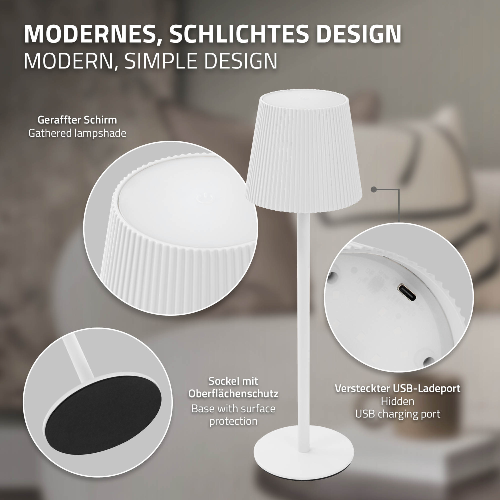 Eine weiße Nachttischlampe mit geriffeltem Schirm und verstecktem Ladeanschluss.