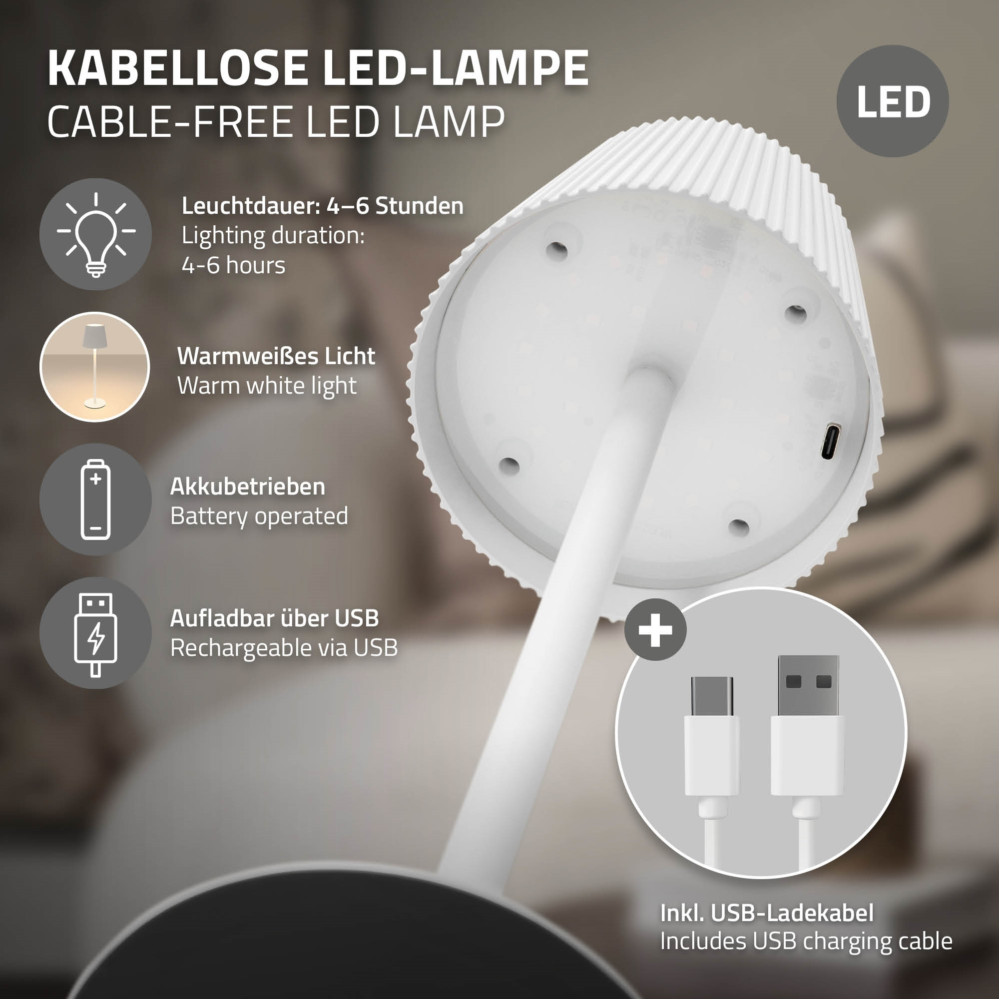 Weiße LED-Lampe mit geripptem Lampenschirm, USB-Ladekabel und Infos.