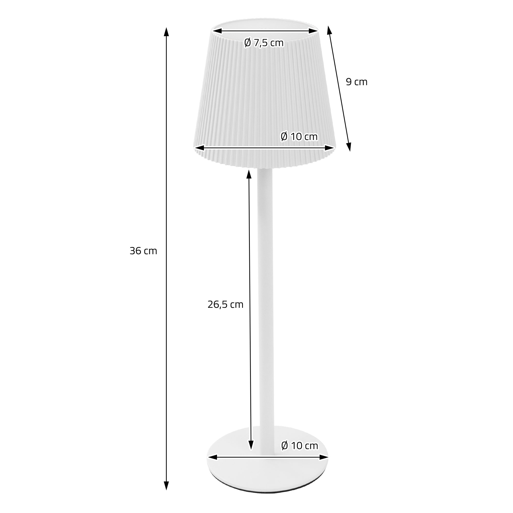 Weiße Tischlampe mit Faltenschirm. Maße: 36 cm Höhe, 10 cm Schirmdurchmesser.