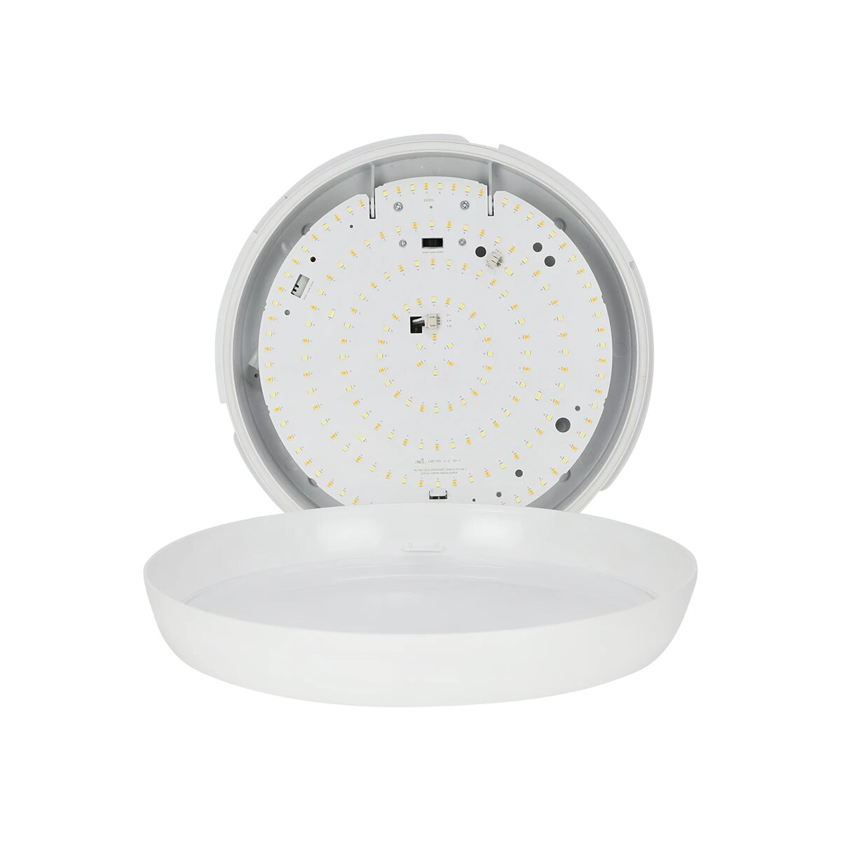Ein weißer LED-Deckenventilator mit offenem Gehäuse zeigt die Platine mit vielen kleinen Lichtern.