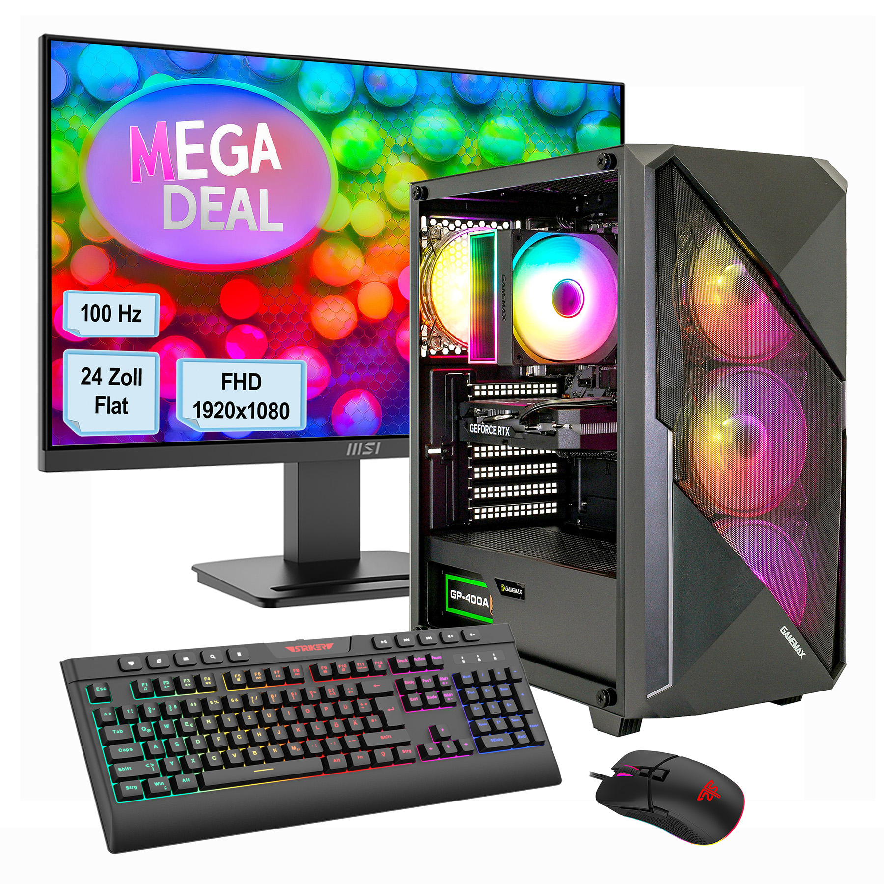 Ein PC-Set mit beleuchtetem Tower, Monitor, Tastatur und Maus.