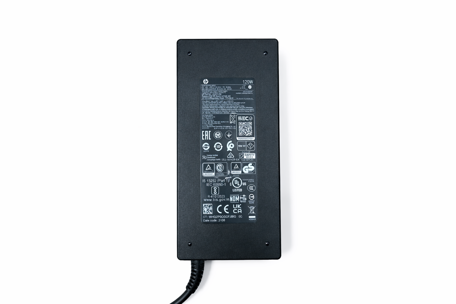 Czarny zasilacz HP 120W z różnymi certyfikatami i numerem seryjnym.