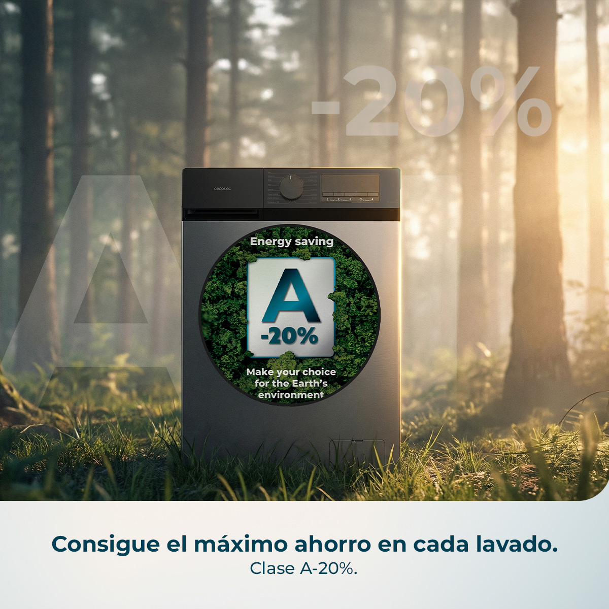 Una lavatrice classe energetica A-20% davanti a una foresta.