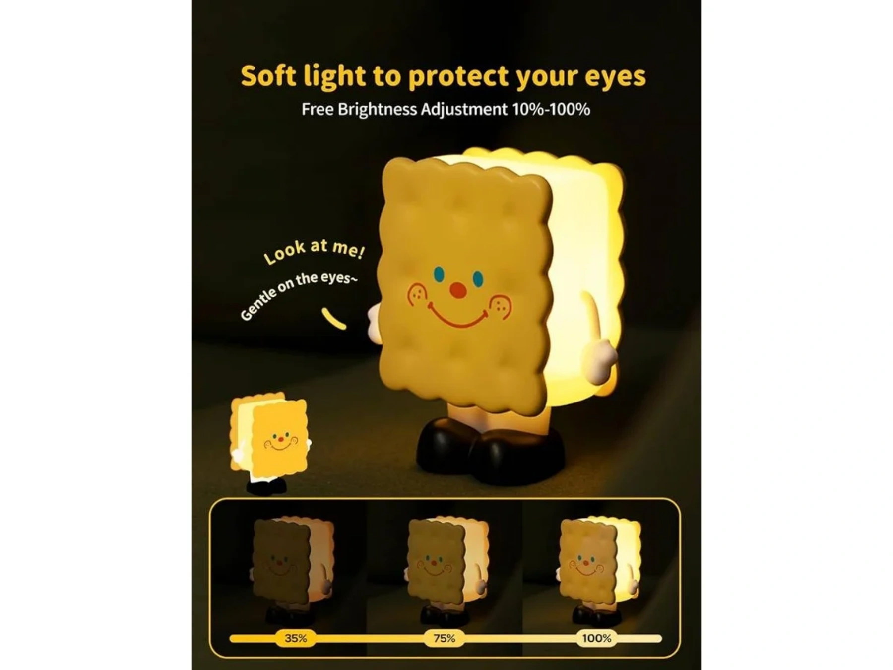 Gelbe Keks-Lampe mit Gesicht, Helligkeit 35%, 75%, 100%.