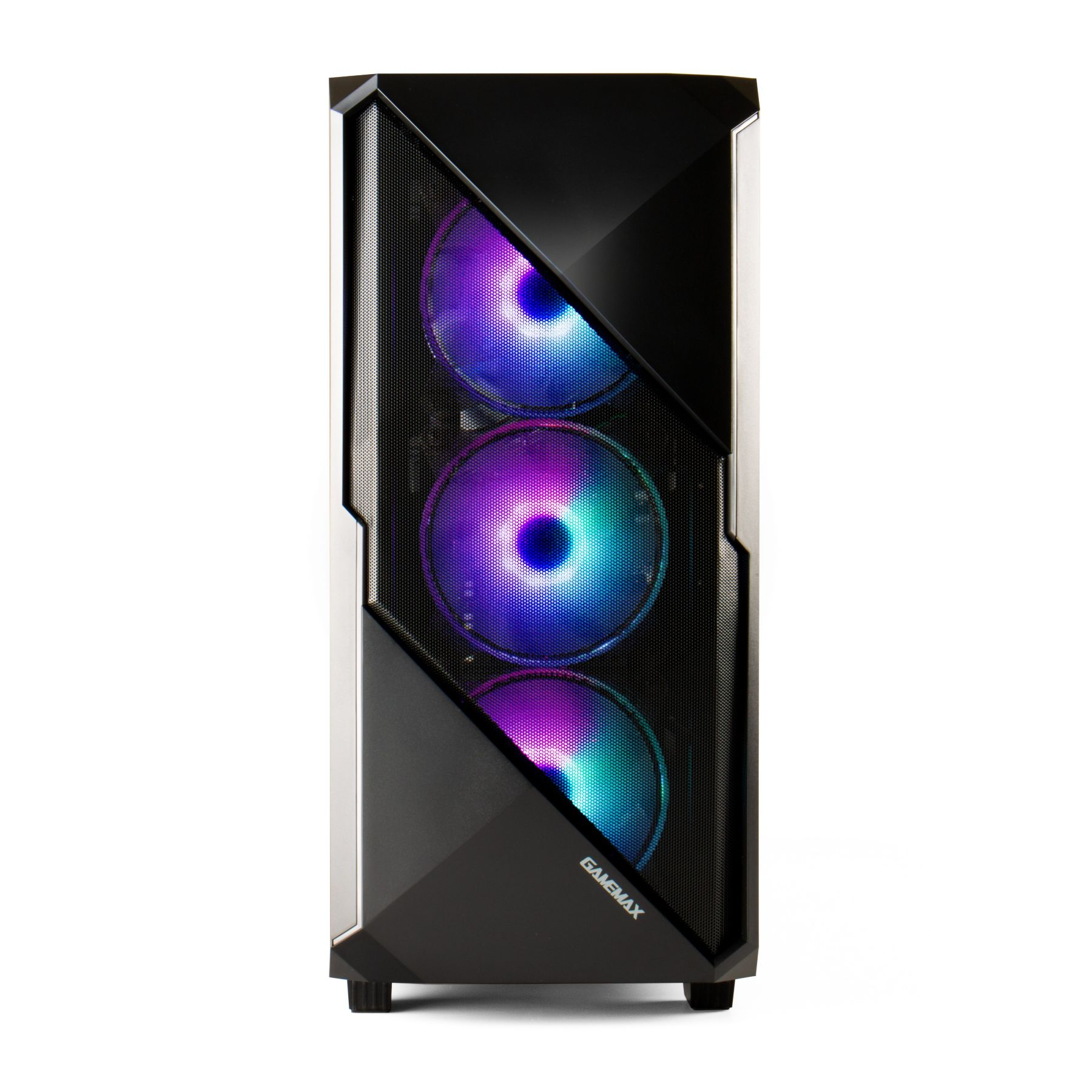 Ein schwarzer Computergehäuse mit drei beleuchteten Lüftern in Blau und Lila.