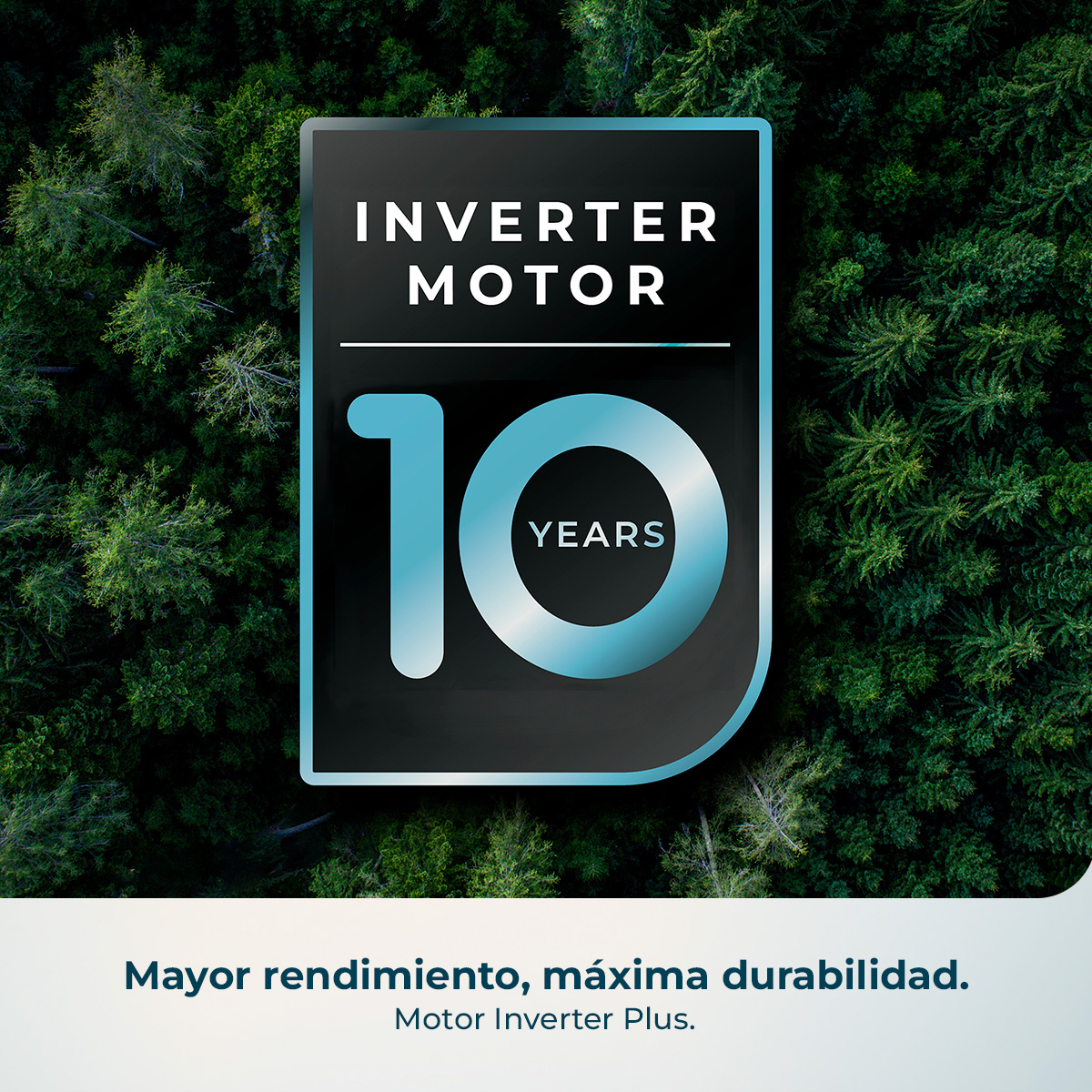 Logo con "10 YEARS INVERTER MOTOR" sobre fondo de bosque.