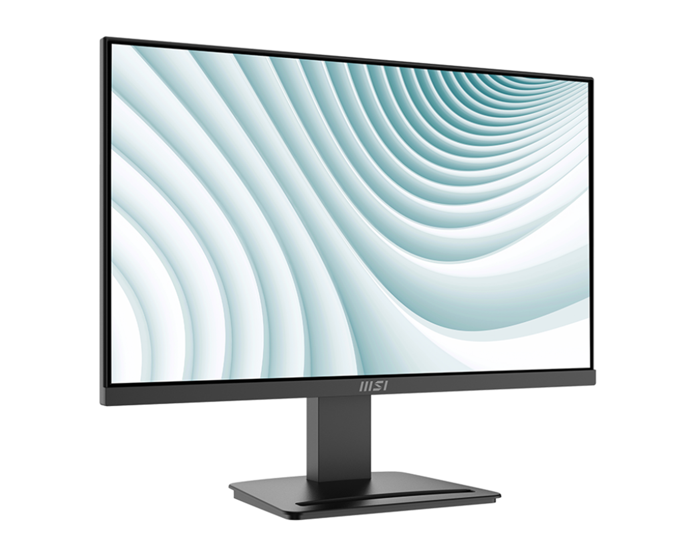 Ein schwarzer MSI-Monitor mit einem abstrakten, wellenförmigen Hintergrund auf dem Bildschirm.
