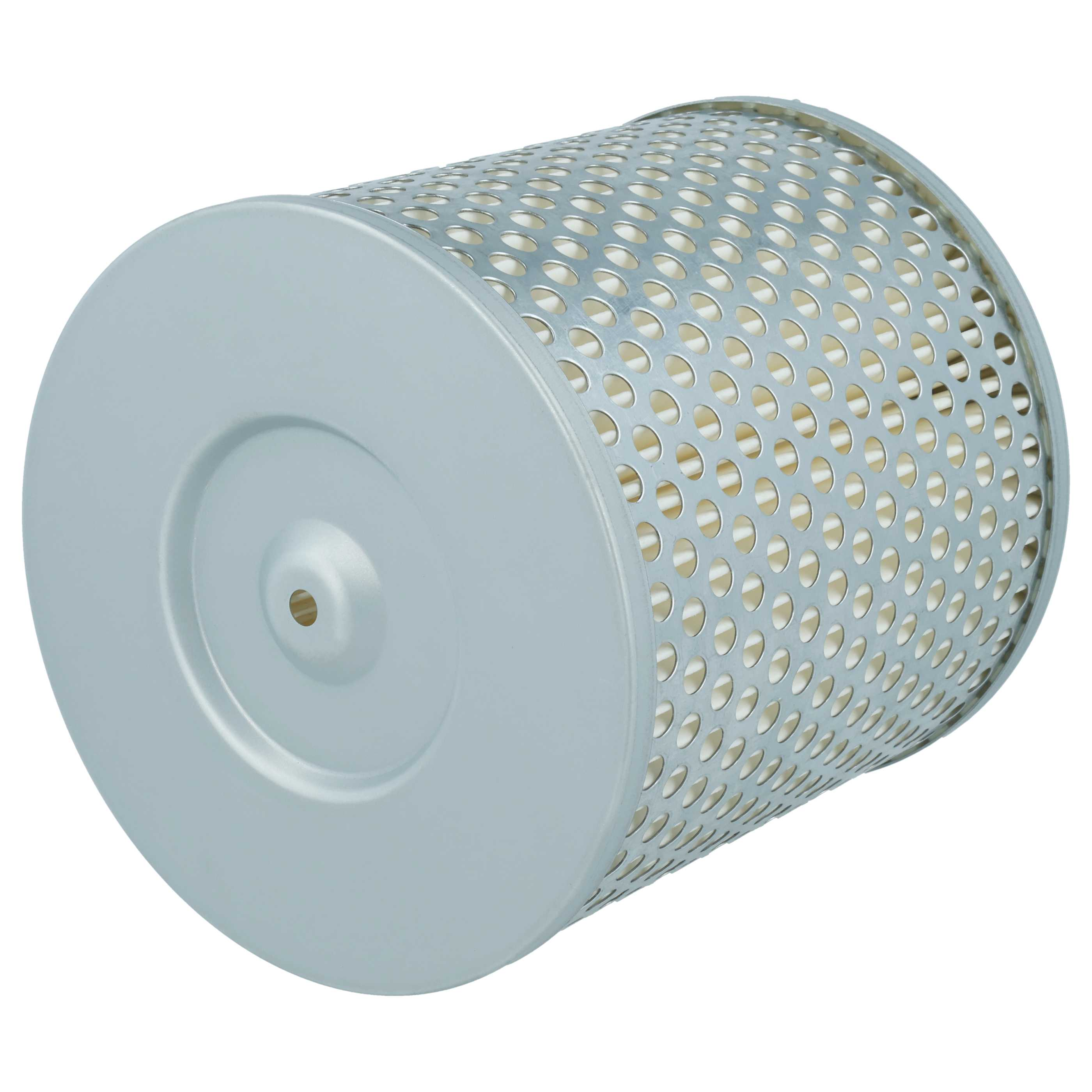 Ein zylindrischer Luftfilter mit silberner Metallhülle und perforiertem Gehäuse.
