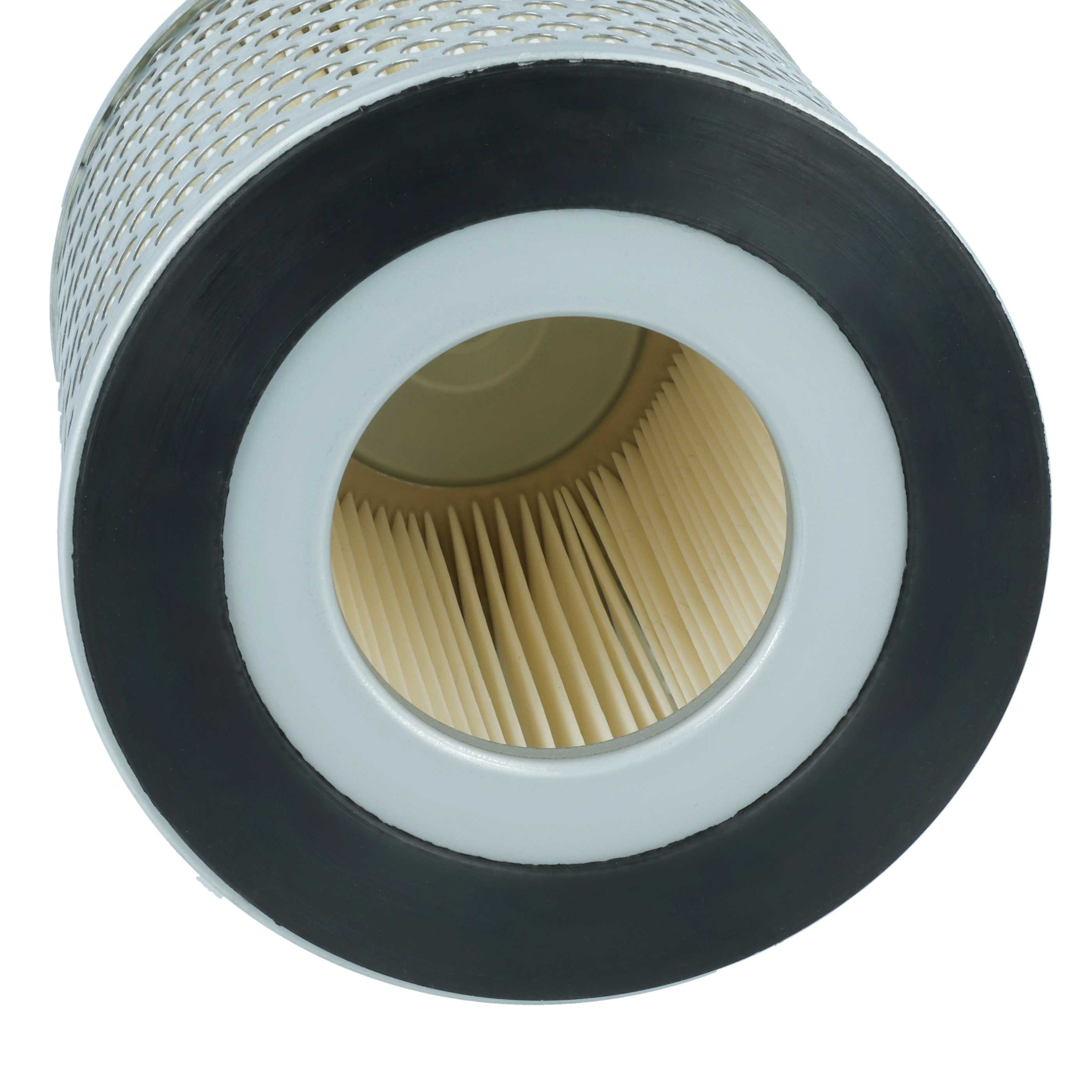 Ein runder Luftfilter mit Falten und Metallgehäuse.