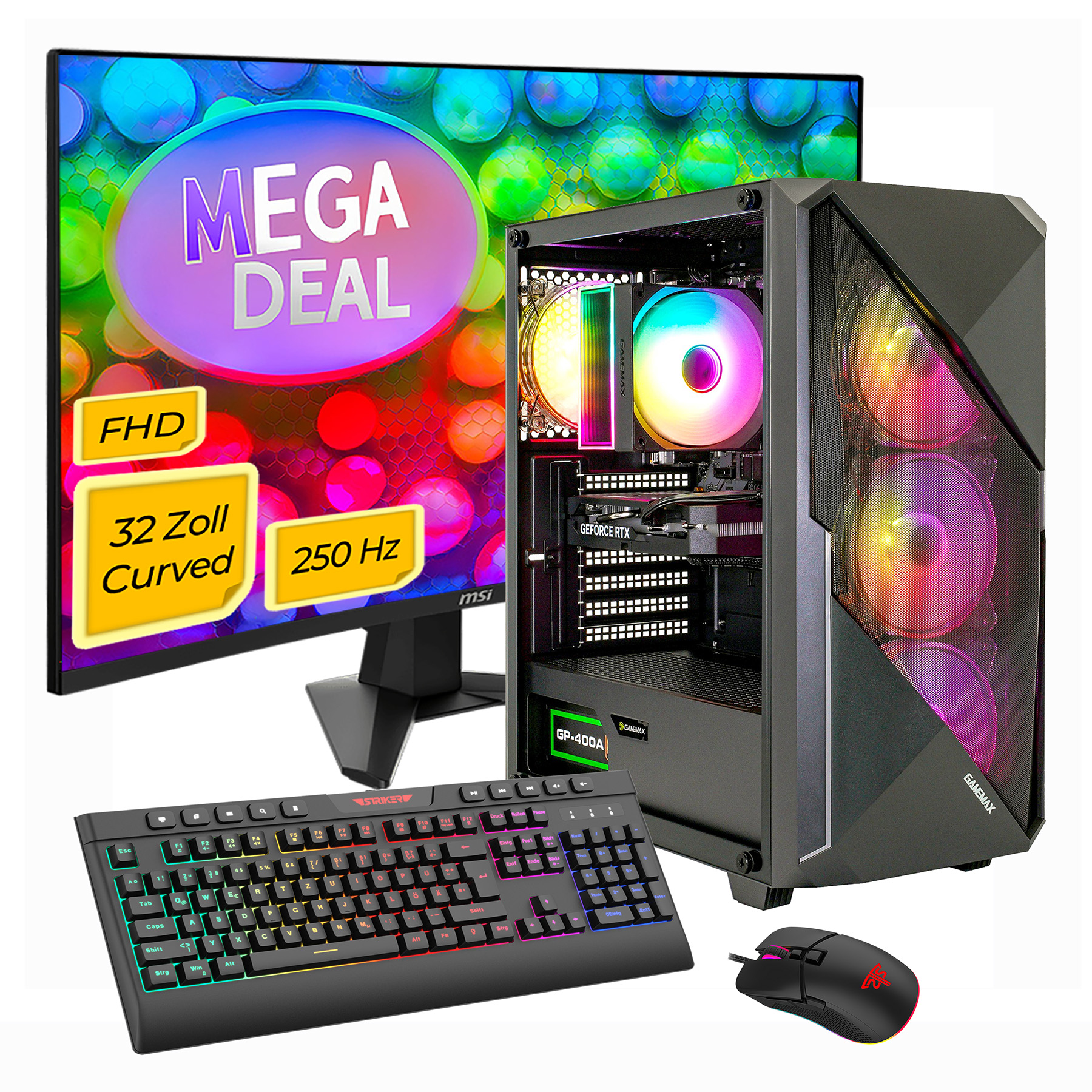 Gaming-PC mit RGB-Lüftern, Curved-Monitor, Tastatur und Maus.