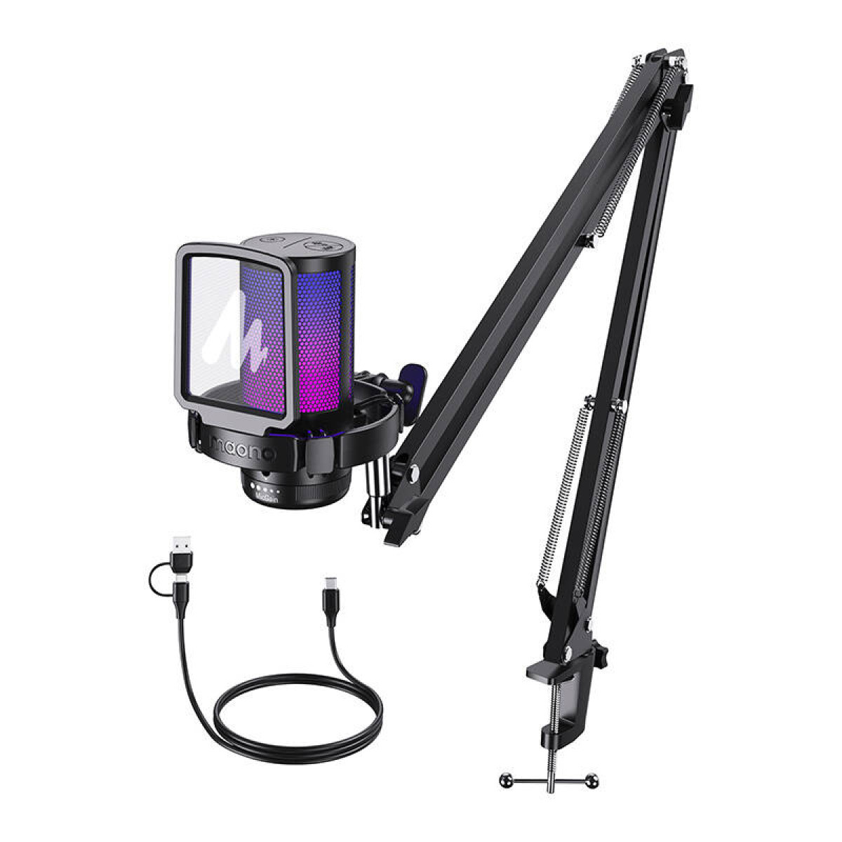 Un microfono con illuminazione RGB su un braccio per microfono nero con morsetto.