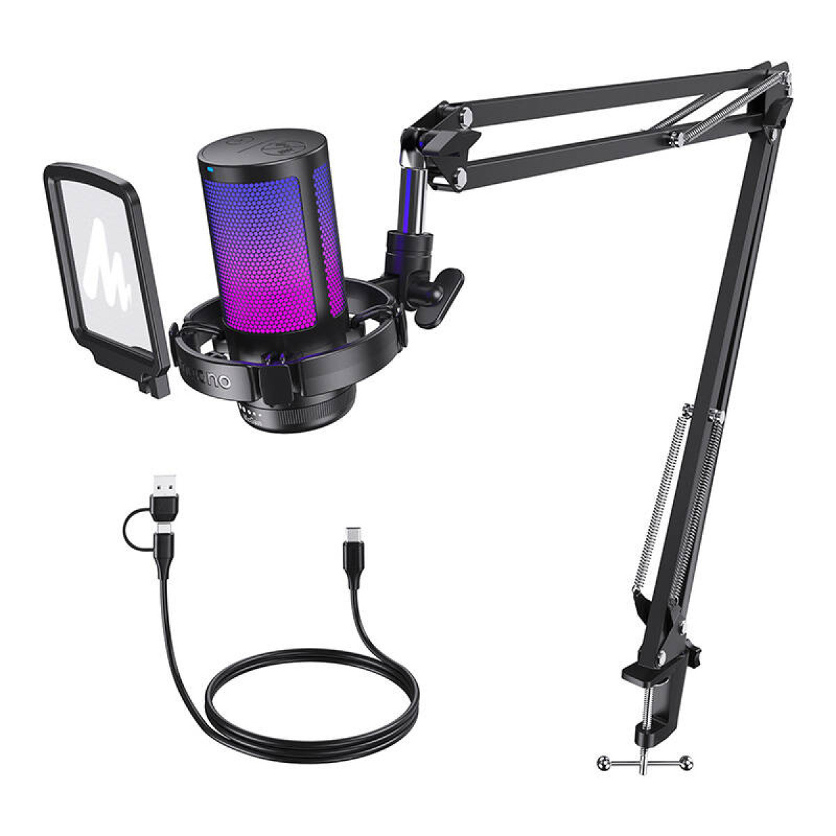 Un microfono a condensatore con illuminazione RGB, braccio e cavi.