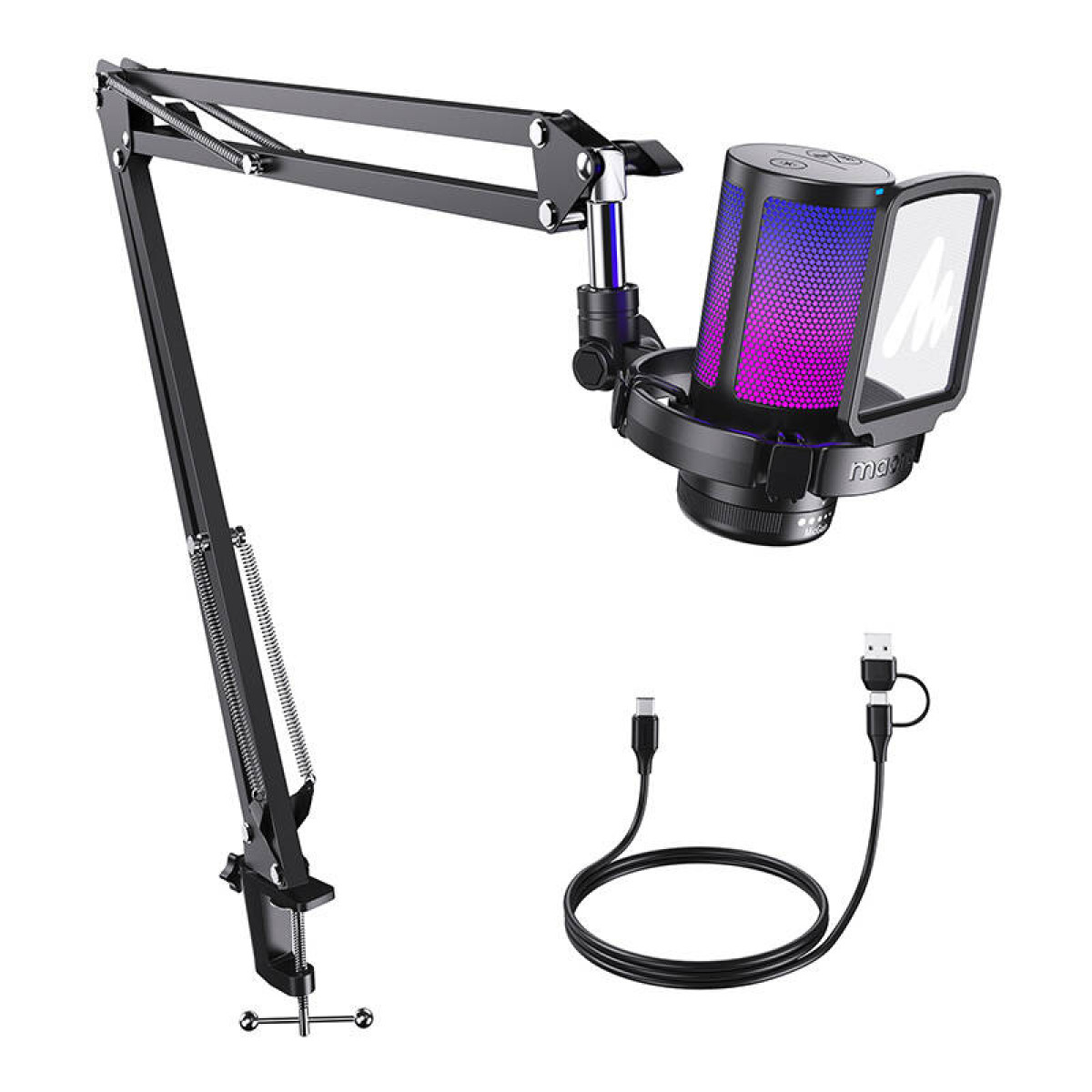 Un supporto per microfono nero, un microfono con illuminazione RGB e un cavo USB.