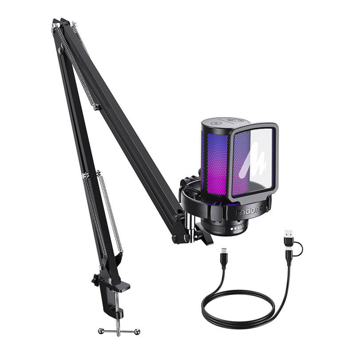 Un microfono nero con supporto a braccio snodabile e illuminazione RGB. Cavo USB incluso.