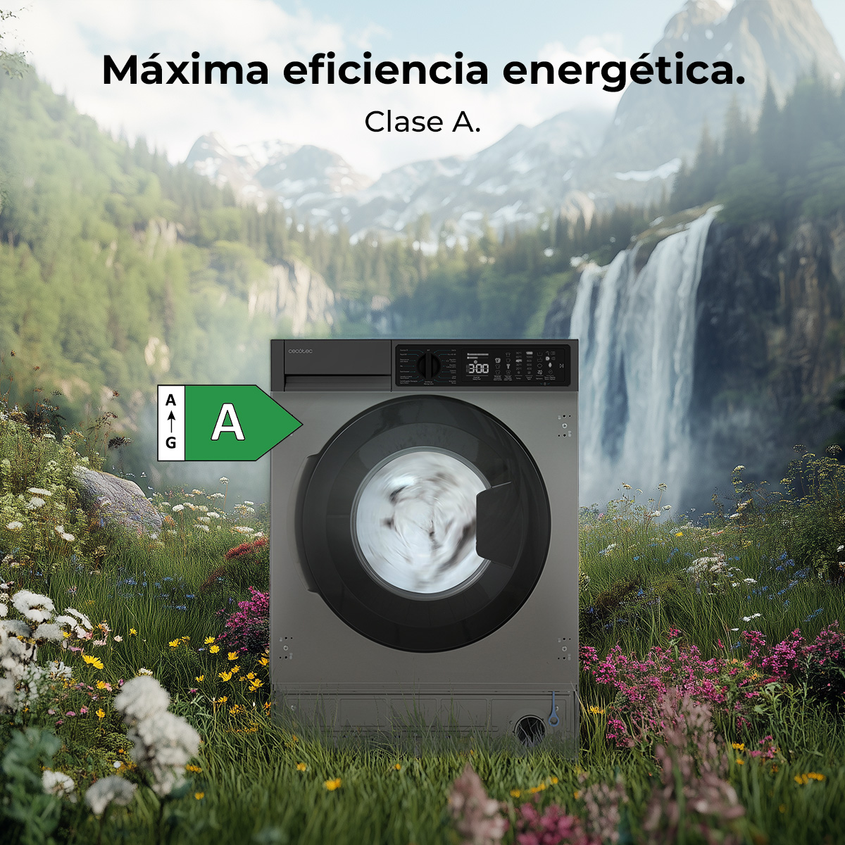 Una lavadora con clase de eficiencia energética A en un paisaje montañoso florido con cascada.