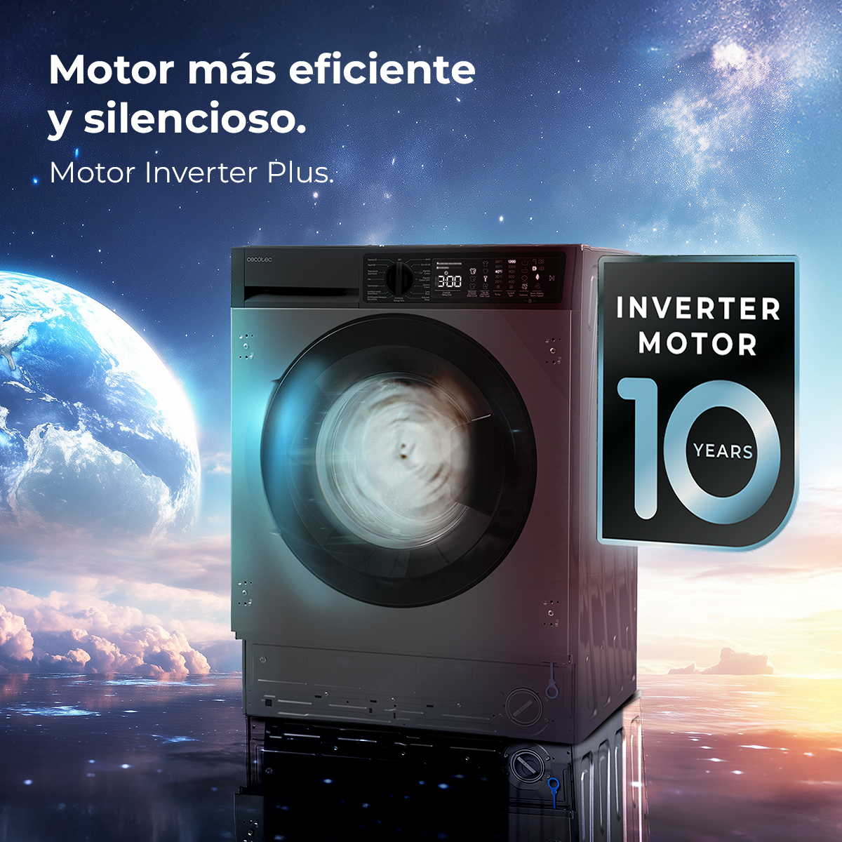 Una lavadora con garantía "Motor Inverter" sobre el fondo de la Tierra.