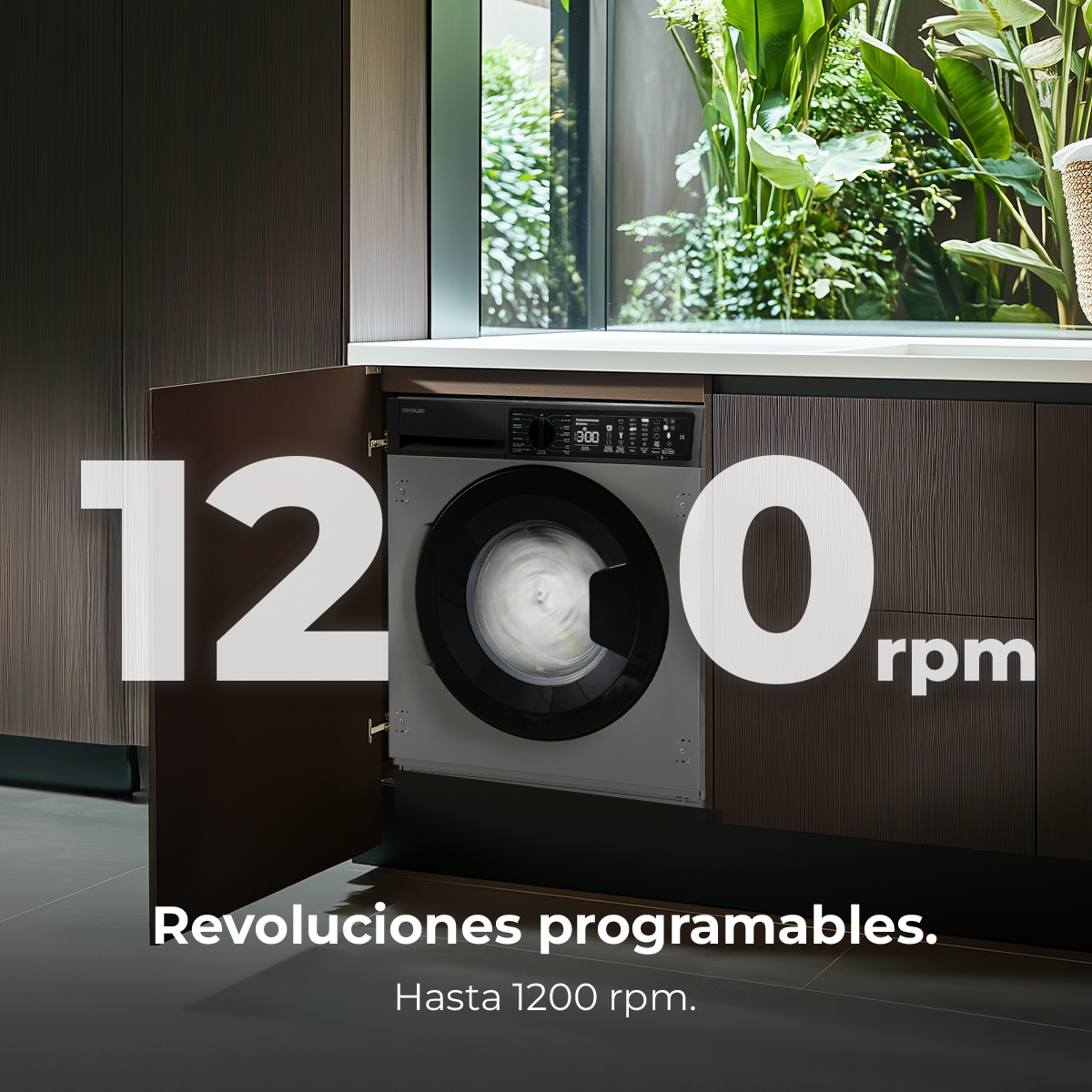 Lavadora de 1200 rpm en sala moderna con plantas.