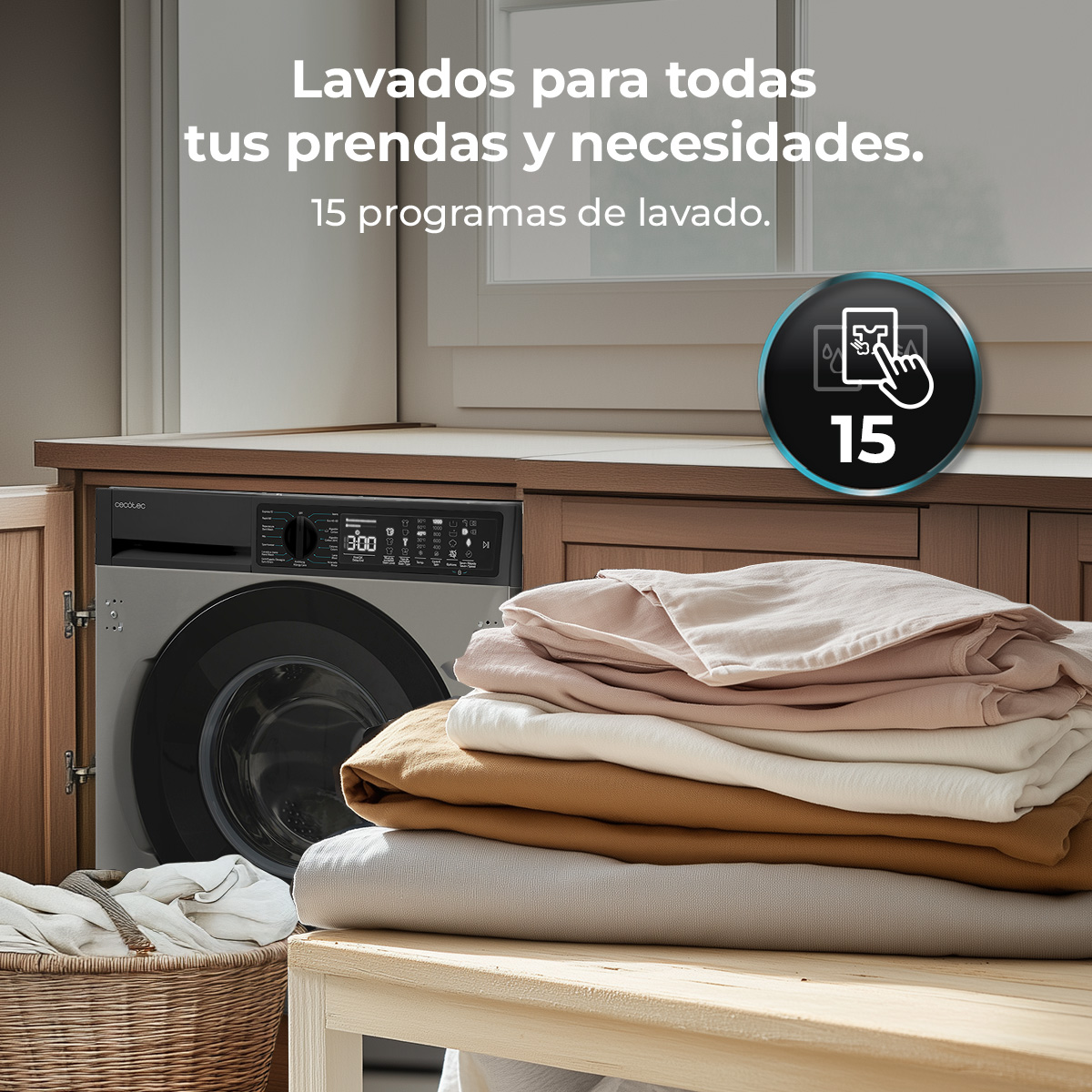 Una lavadora con 15 programas junto a ropa apilada.