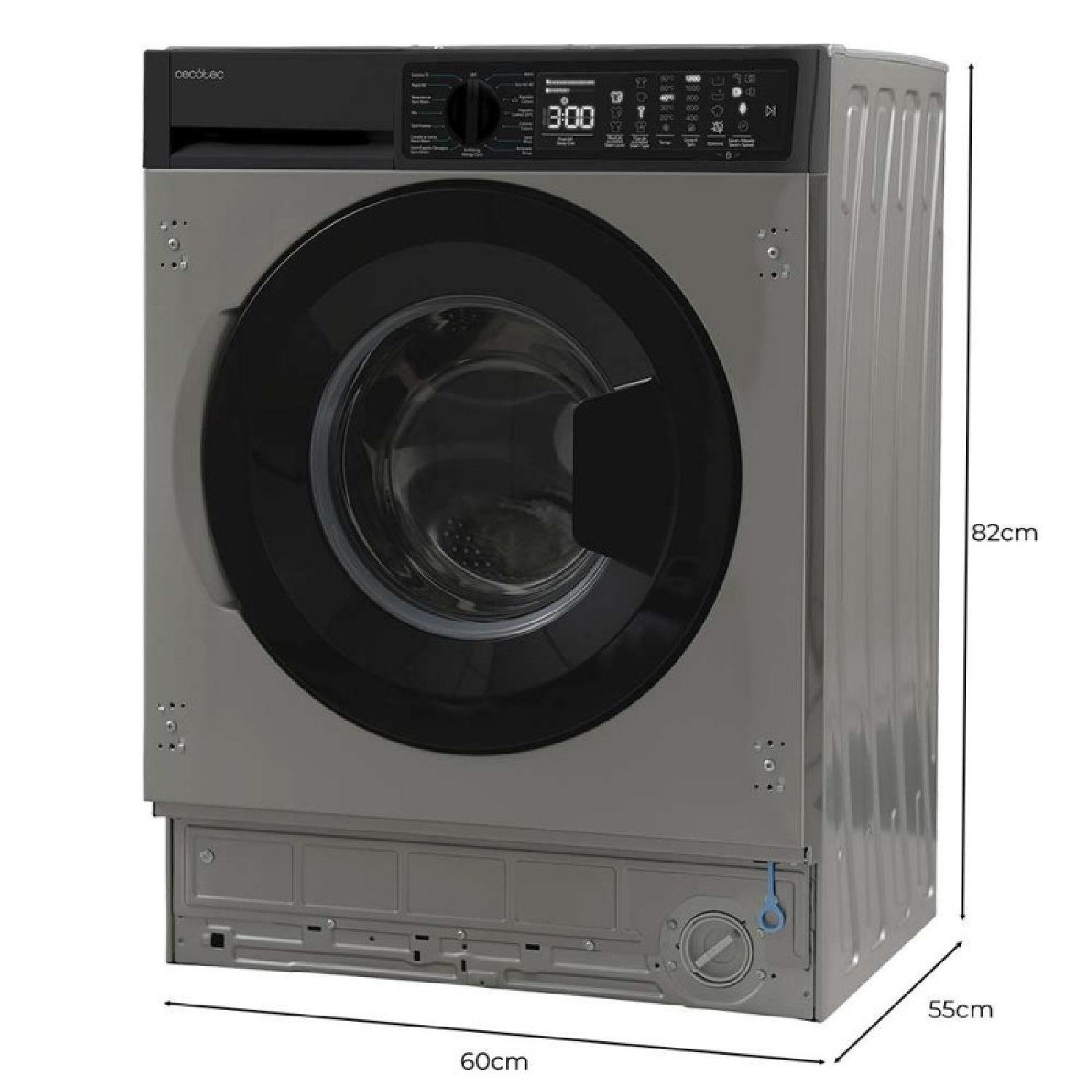 Una lavadora gris con puerta negra y pantalla digital. Dimensiones mostradas.