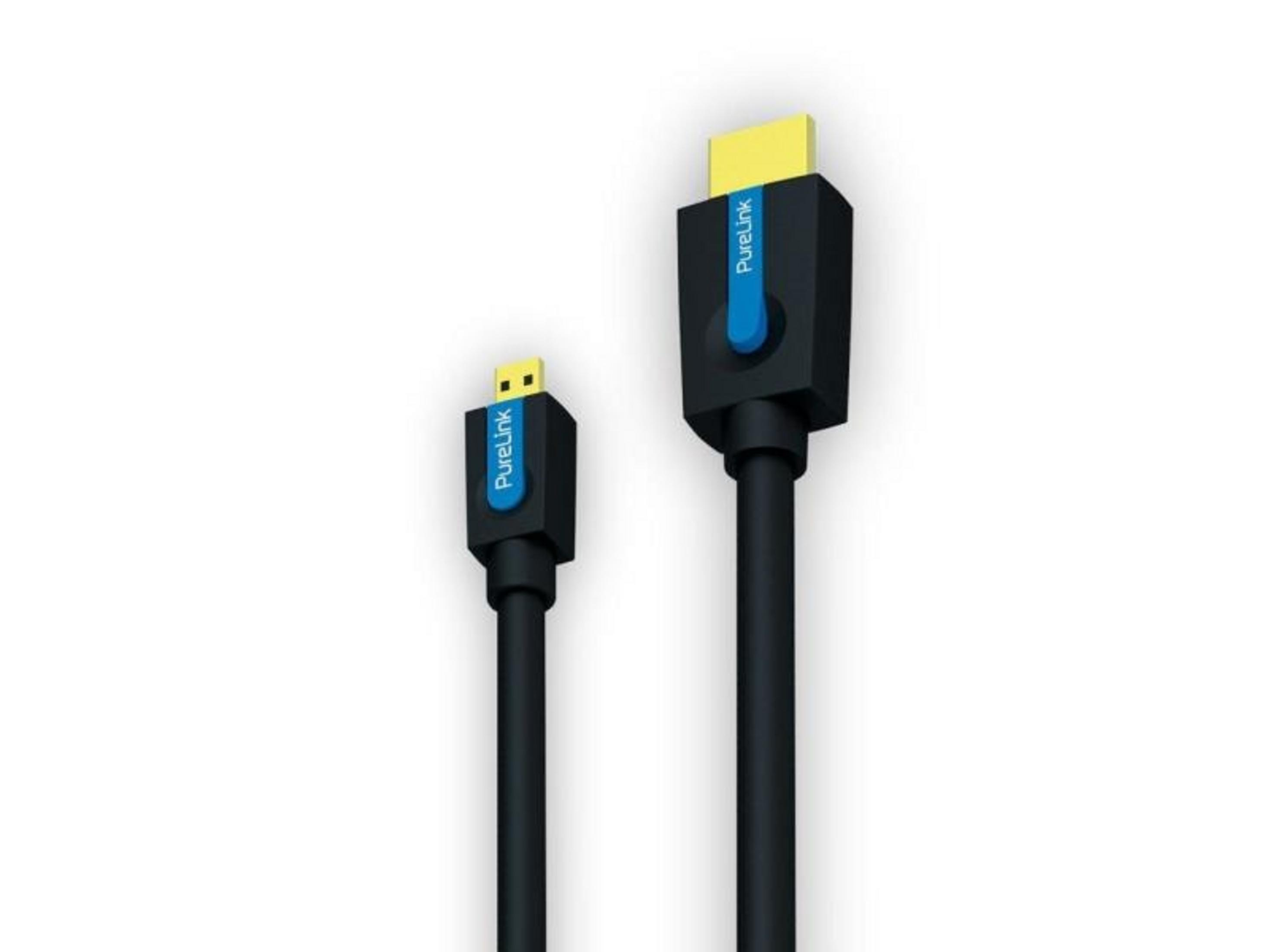 Zwei schwarze PureLink-Kabel mit unterschiedlichen HDMI-Anschlüssen.