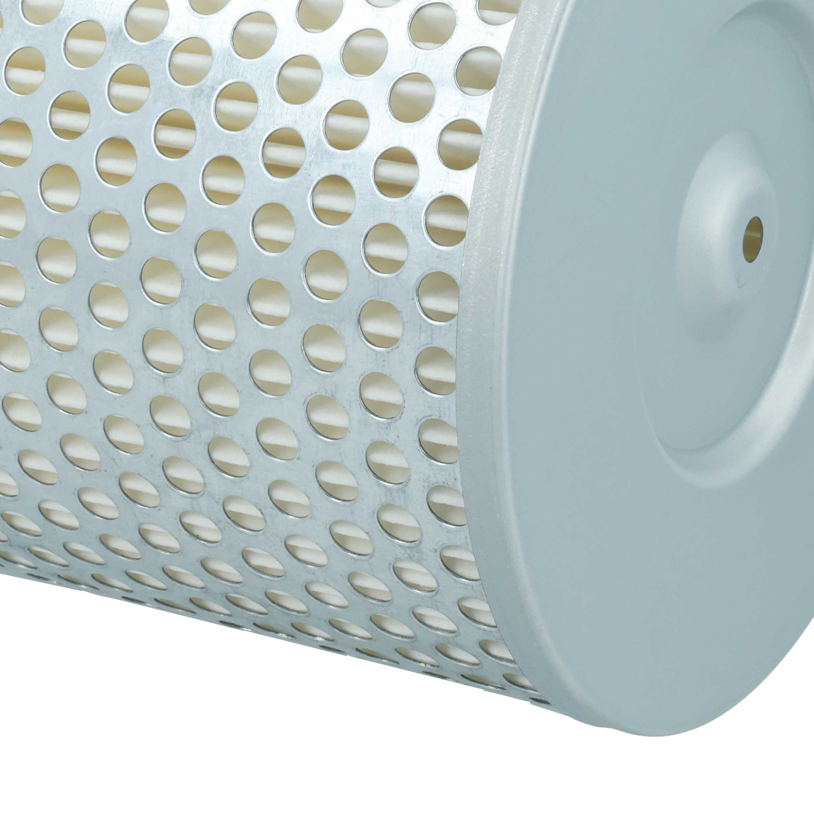 Ein zylindrischer Luftfilter mit perforierter Metallhülle und weißem Filtermedium.