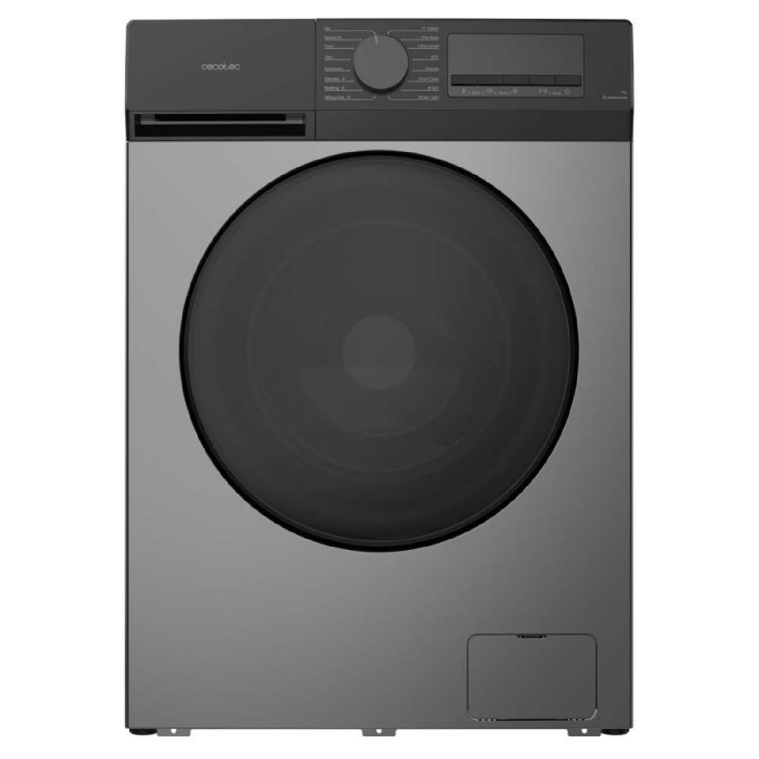 Lavadora gris con ojo de buey negro y panel de control arriba.