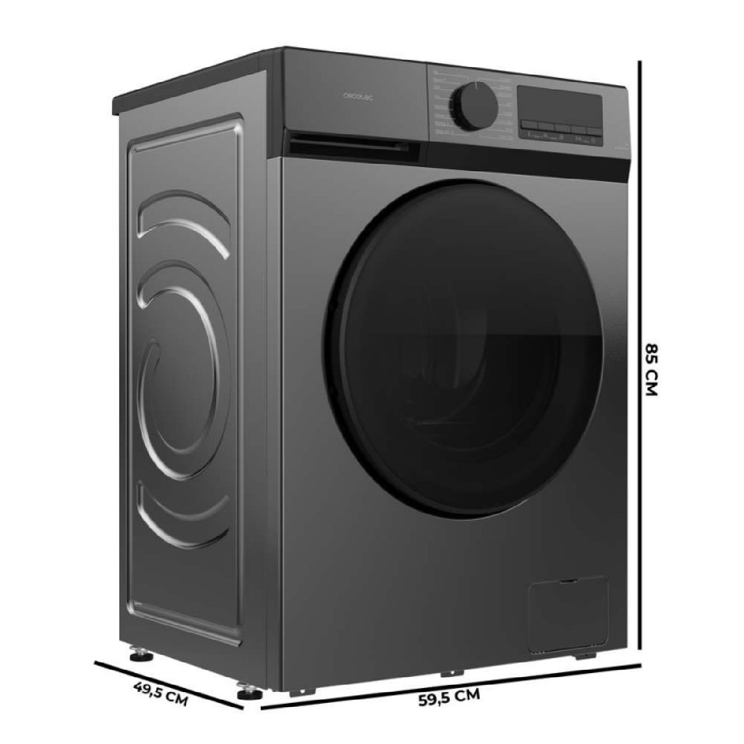 Lavadora gris con puerta redonda y panel de control.
