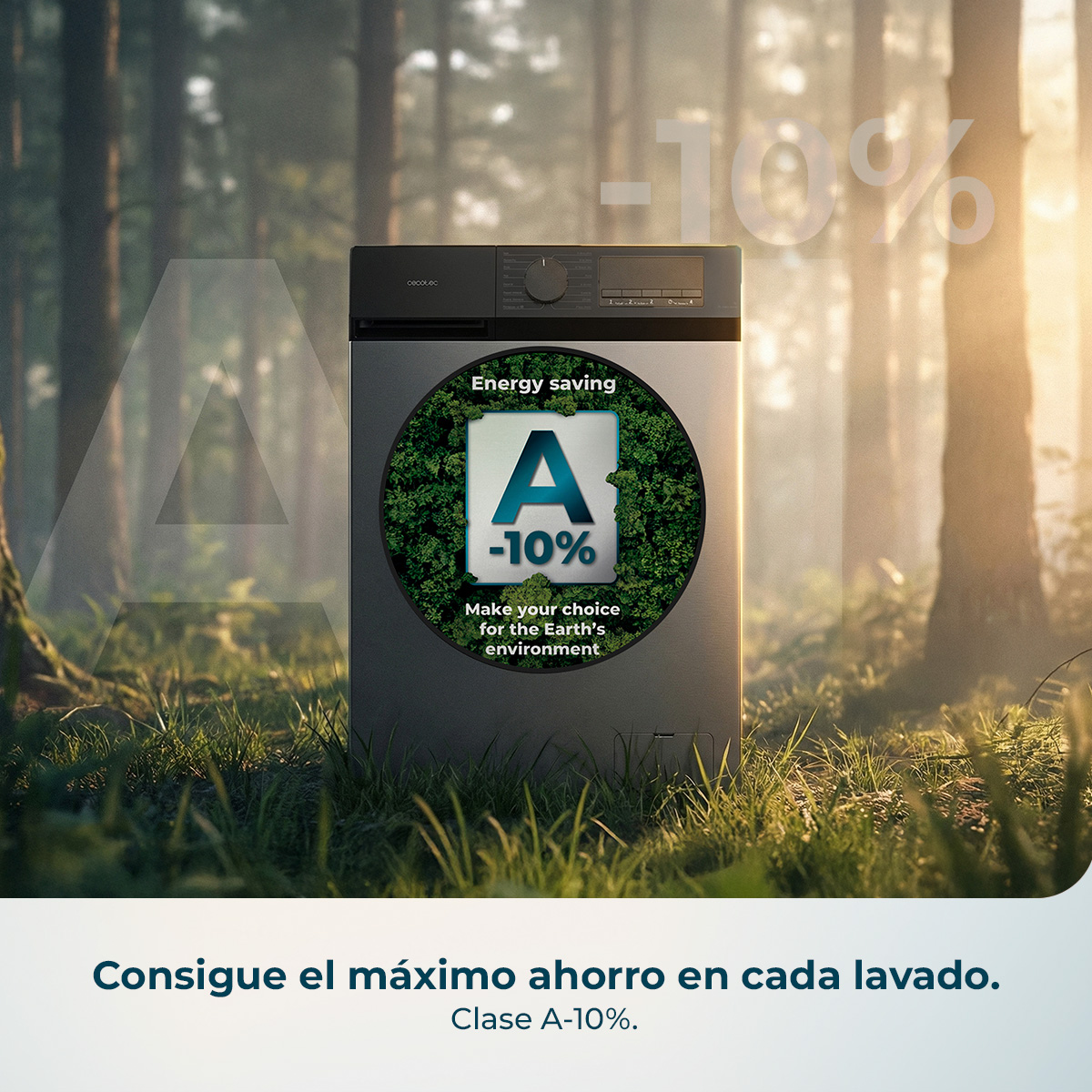 Lavadora con clase de eficiencia energética A-10% en un entorno forestal.