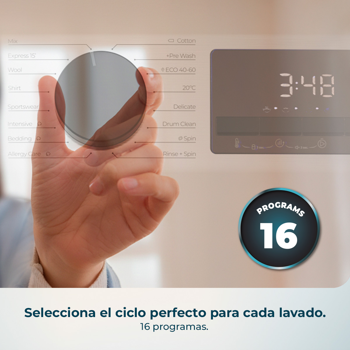 Una mano gira un dial con programas de lavado en una lavadora.