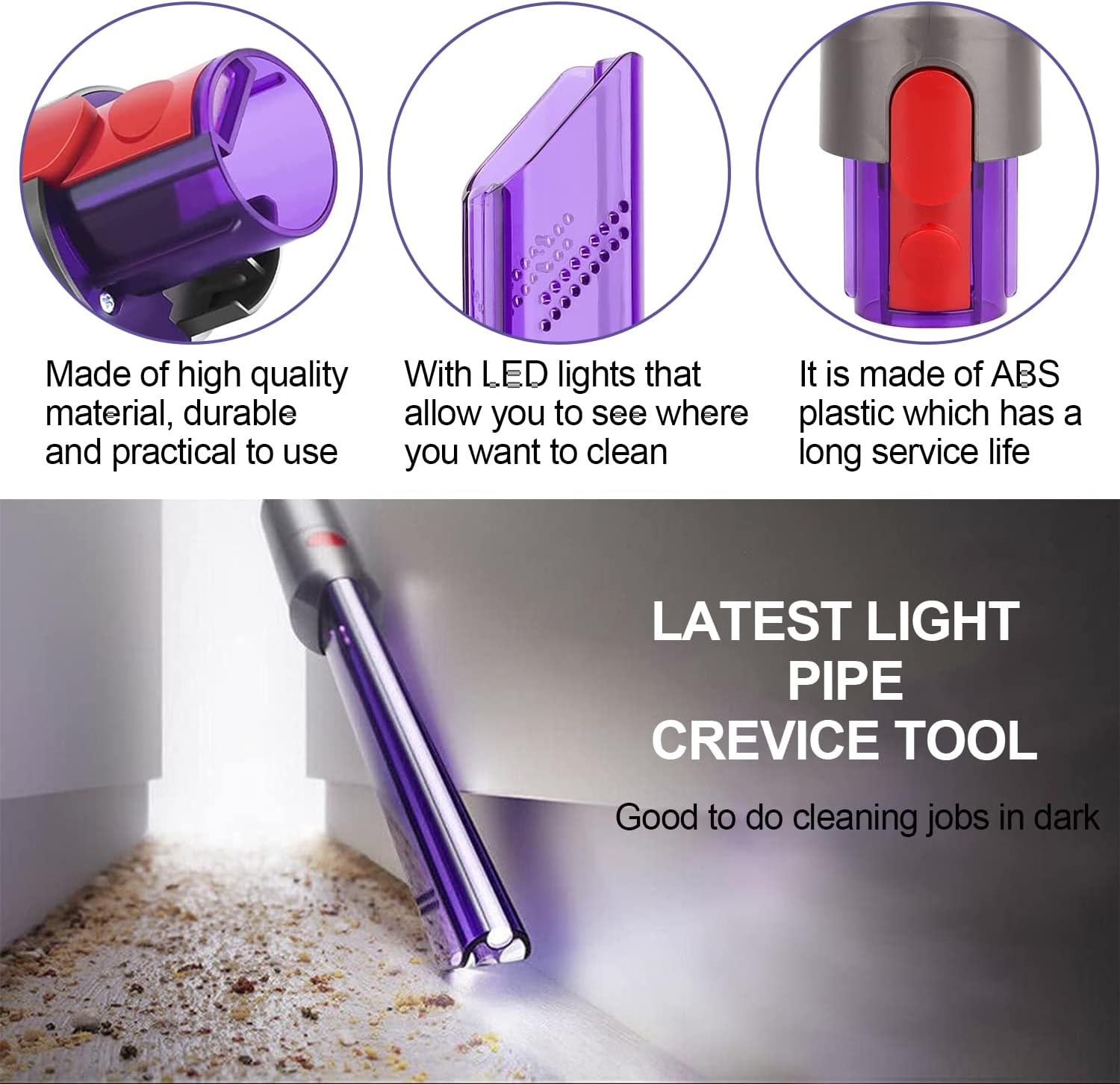 Lila Fugendüse mit LED-Licht reinigt dunkle Ecken. Aus ABS-Kunststoff.