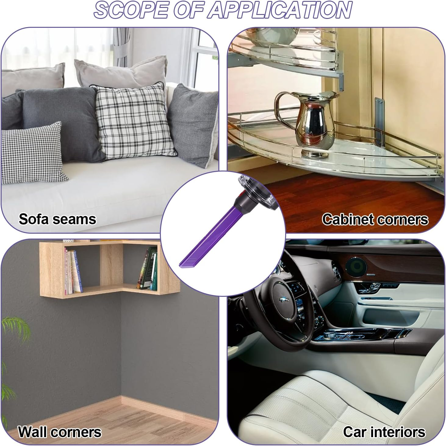 Vier Anwendungen: Sofas, Schrankecken, Wandecken und Autoinnenräume.