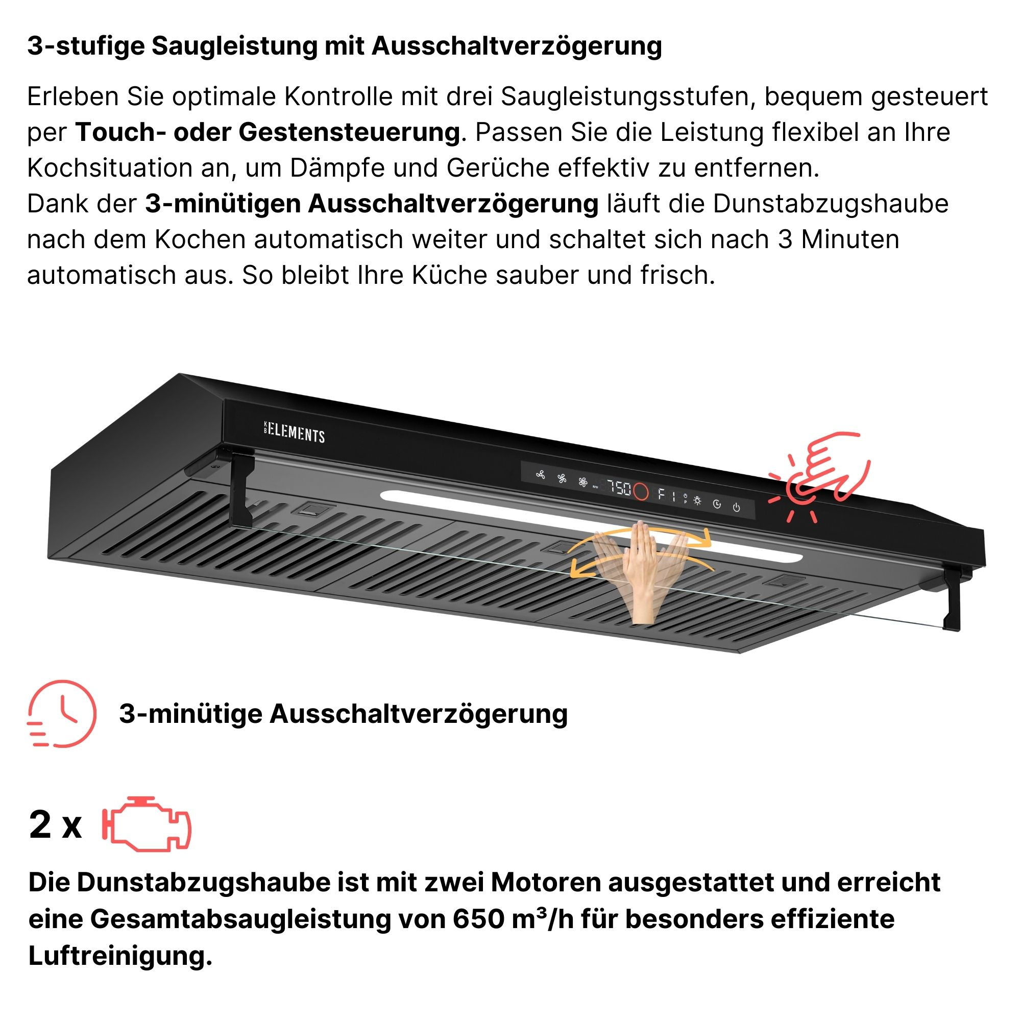 Schwarze Dunstabzugshaube mit Touch-Bedienfeld und Beleuchtung.