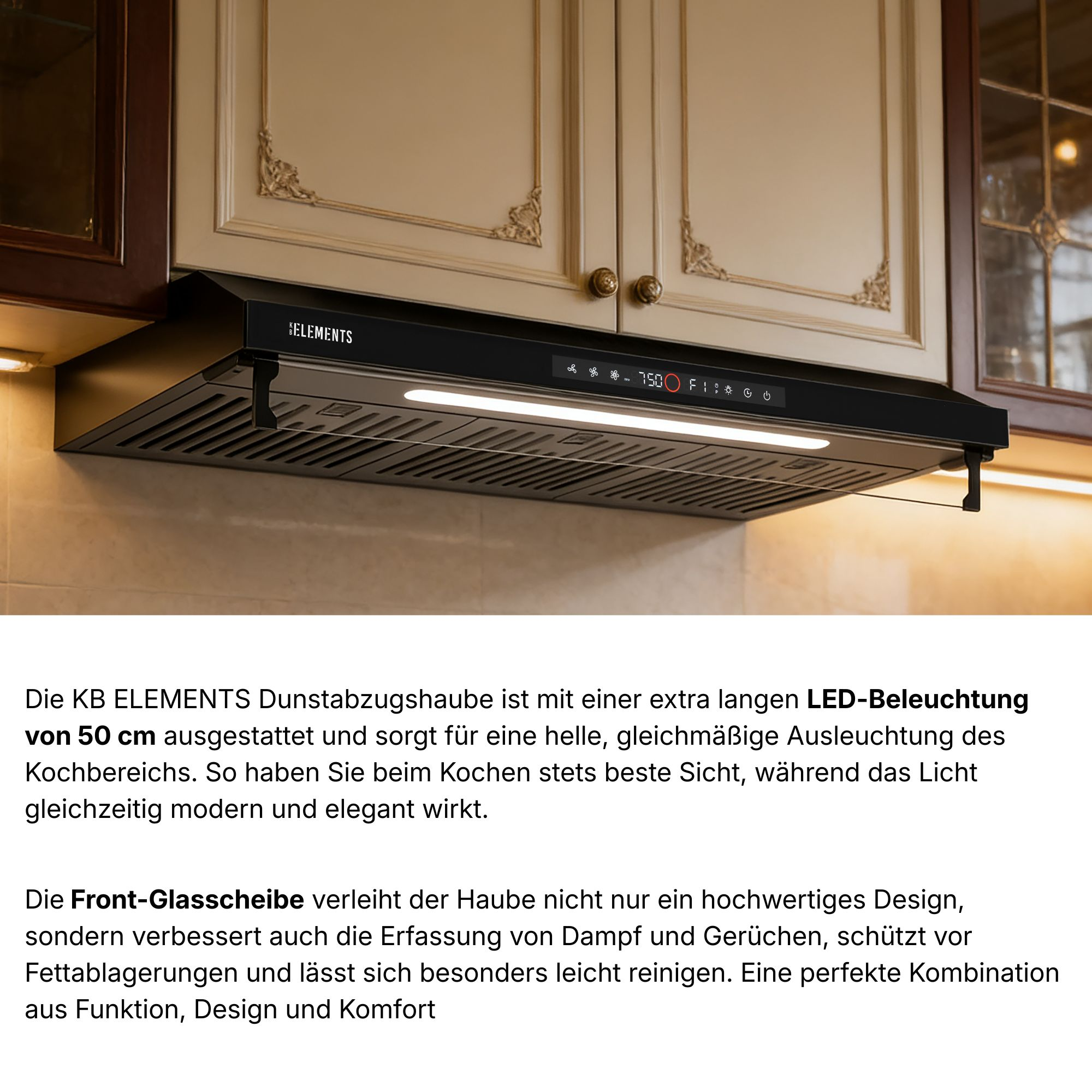 Eine schwarze Dunstabzugshaube mit LED-Beleuchtung und Touch-Bedienfeld.