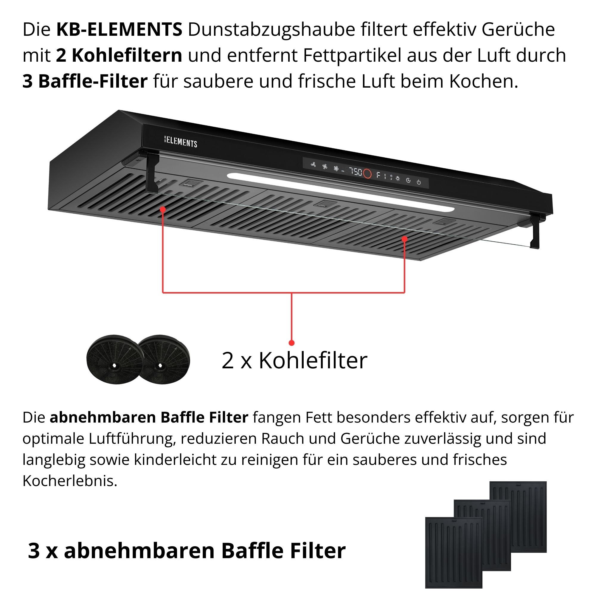Schwarze Dunstabzugshaube mit Filtern: 2 Kohlefilter, 3 Baffle-Filter.