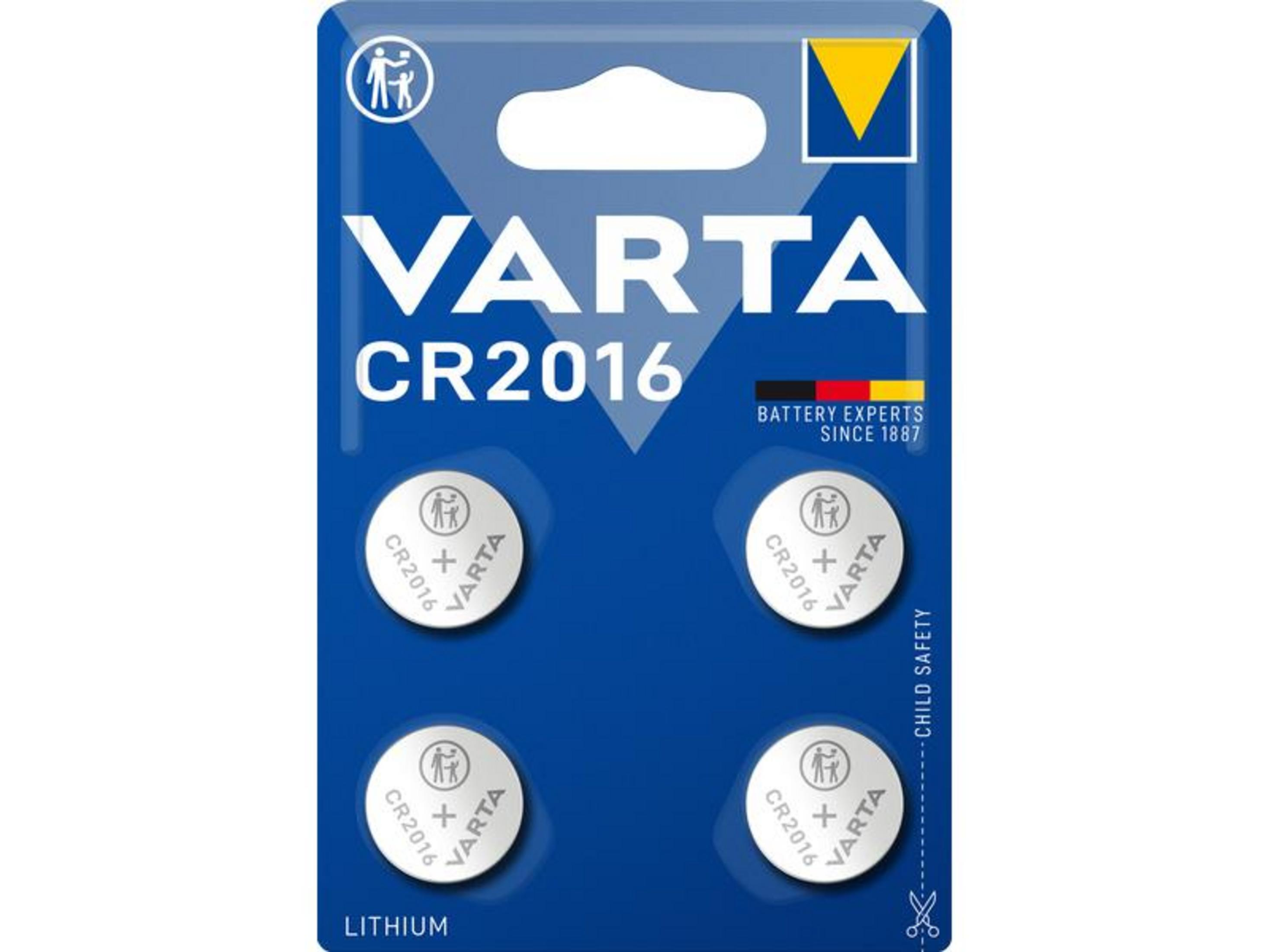 Varta CR2016 Lithium-Knopfzellen-Verpackung mit vier Batterien.